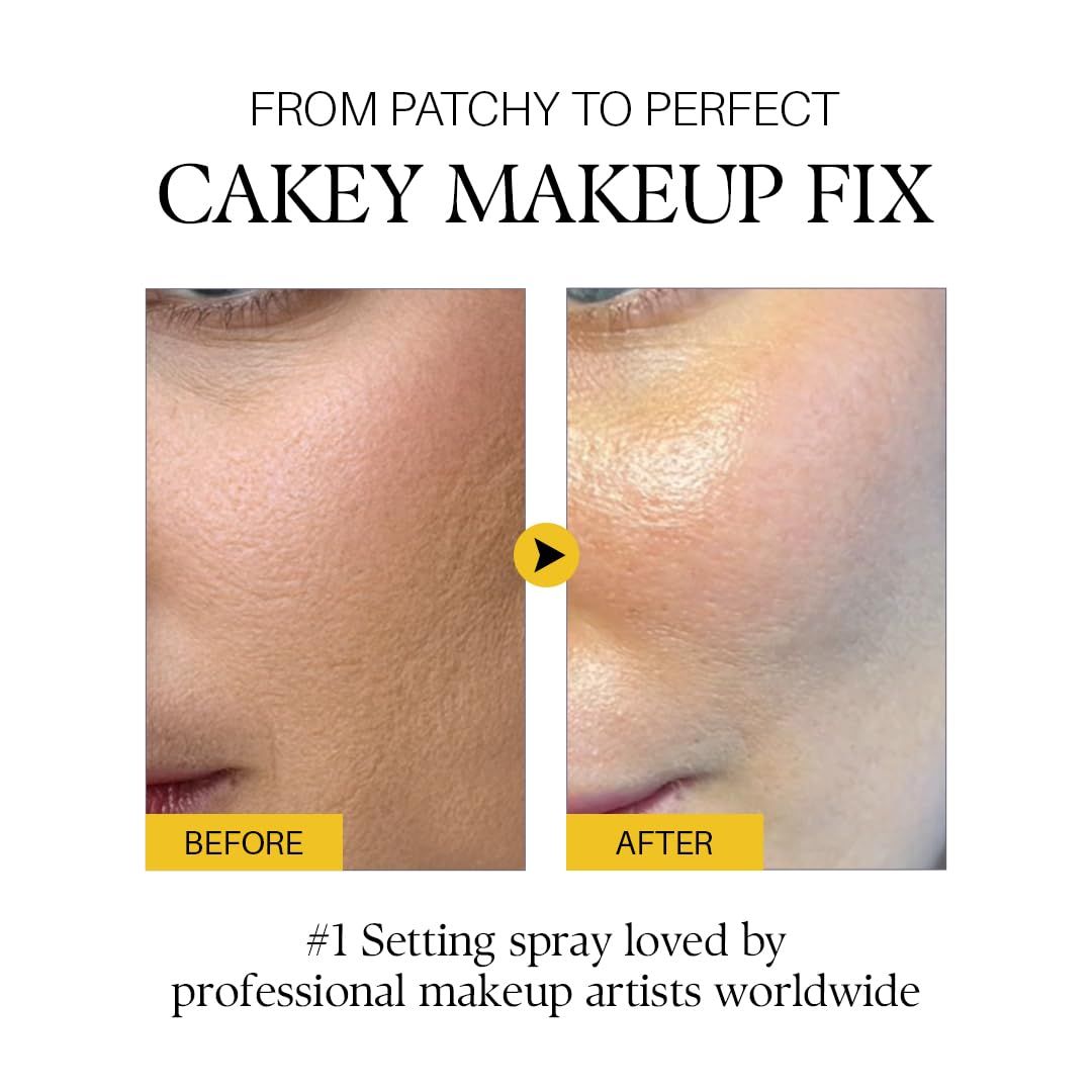 Demonstrates the transformation from patchy, cakey makeup to a smooth, flawless finish, proving the setting spray's effectiveness at improving makeup appearance.