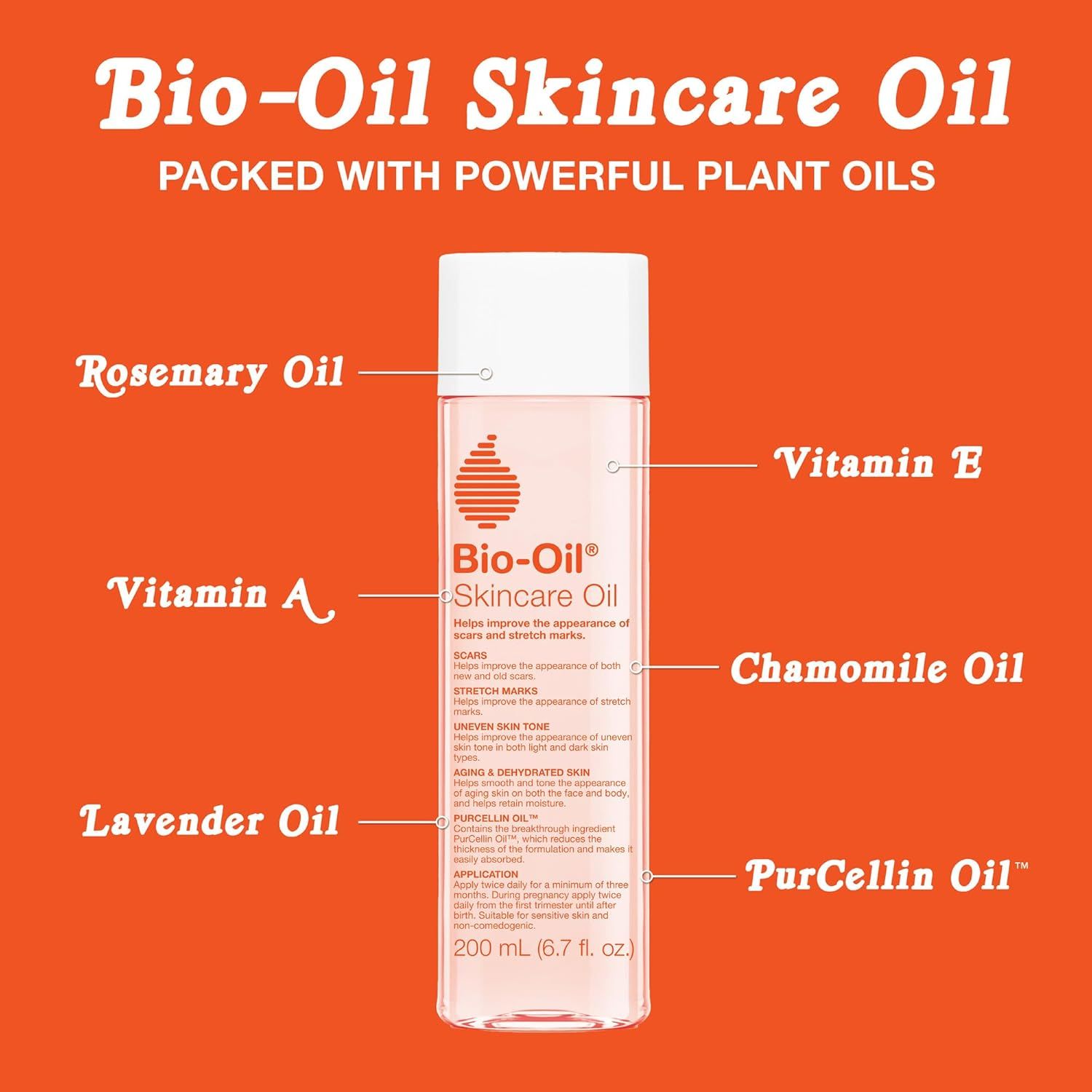 Breaks down the key ingredients in Bio-Oil Skincare Oil by pointing to specific components with callout lines, helping shoppers understand what powerful plant oils and vitamins are included in the…