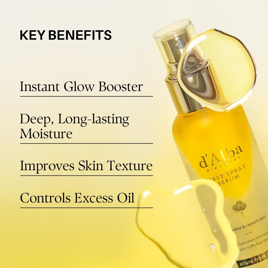 Communicates multiple key benefits of the serum in a visually segmented list format to help shoppers quickly understand the product's comprehensive skincare advantages.