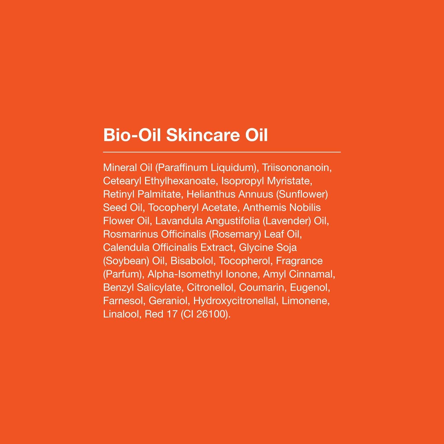 Provides transparency by listing all ingredients in the Bio-Oil Skincare Oil, reassuring shoppers about product composition and quality.