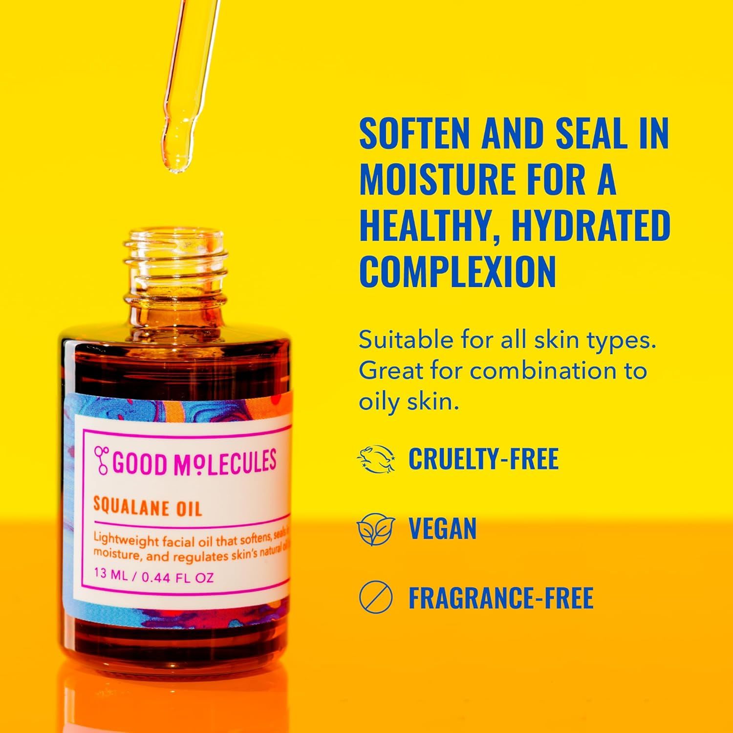 Communicates multiple product benefits in a segmented layout, highlighting the moisturizing properties and ethical/ingredient attributes (cruelty-free, vegan, fragrance-free) to appeal to conscious…