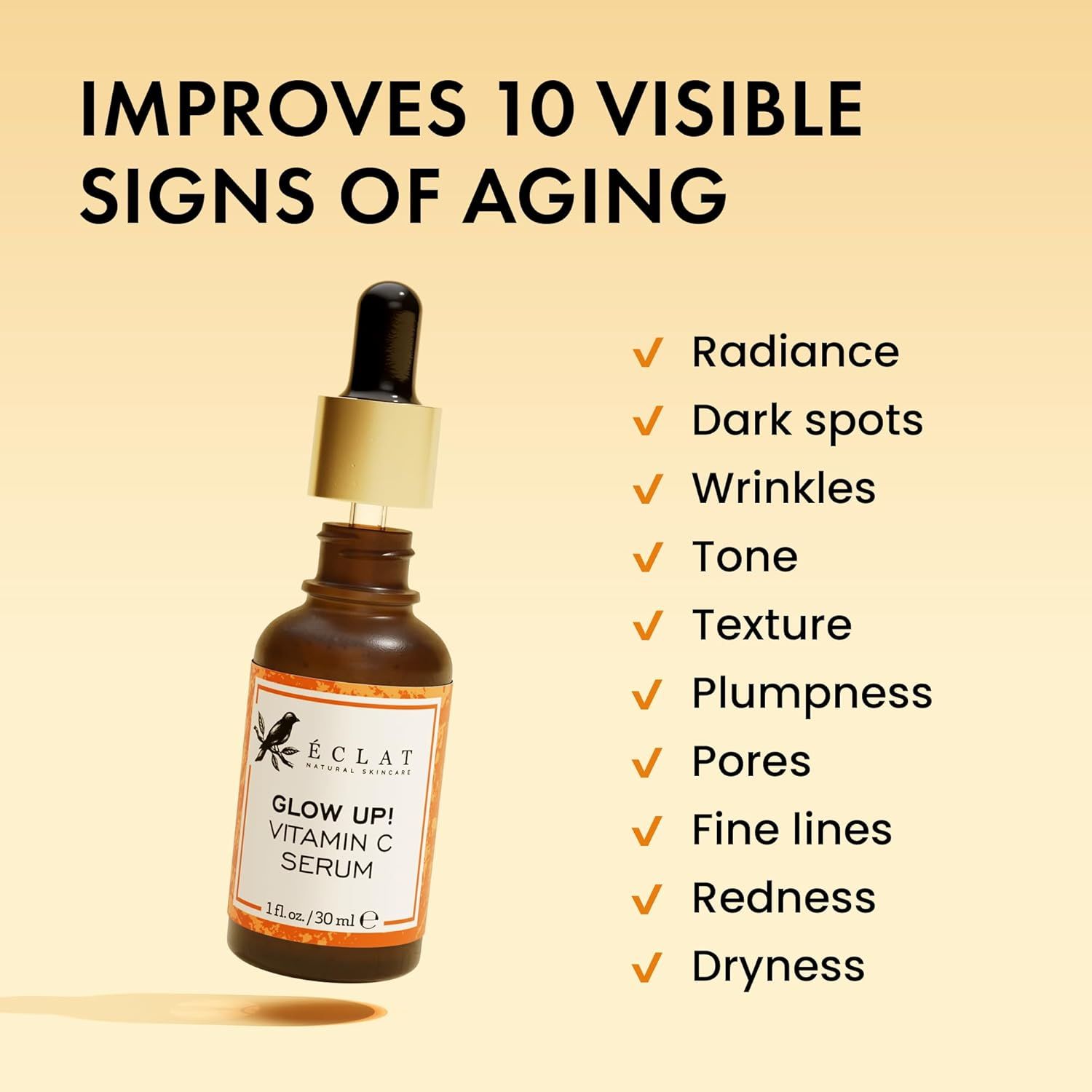 Communicates the comprehensive anti-aging benefits of the Vitamin C serum by listing 10 specific visible signs of aging that the product addresses, reassuring shoppers of its multi-faceted…