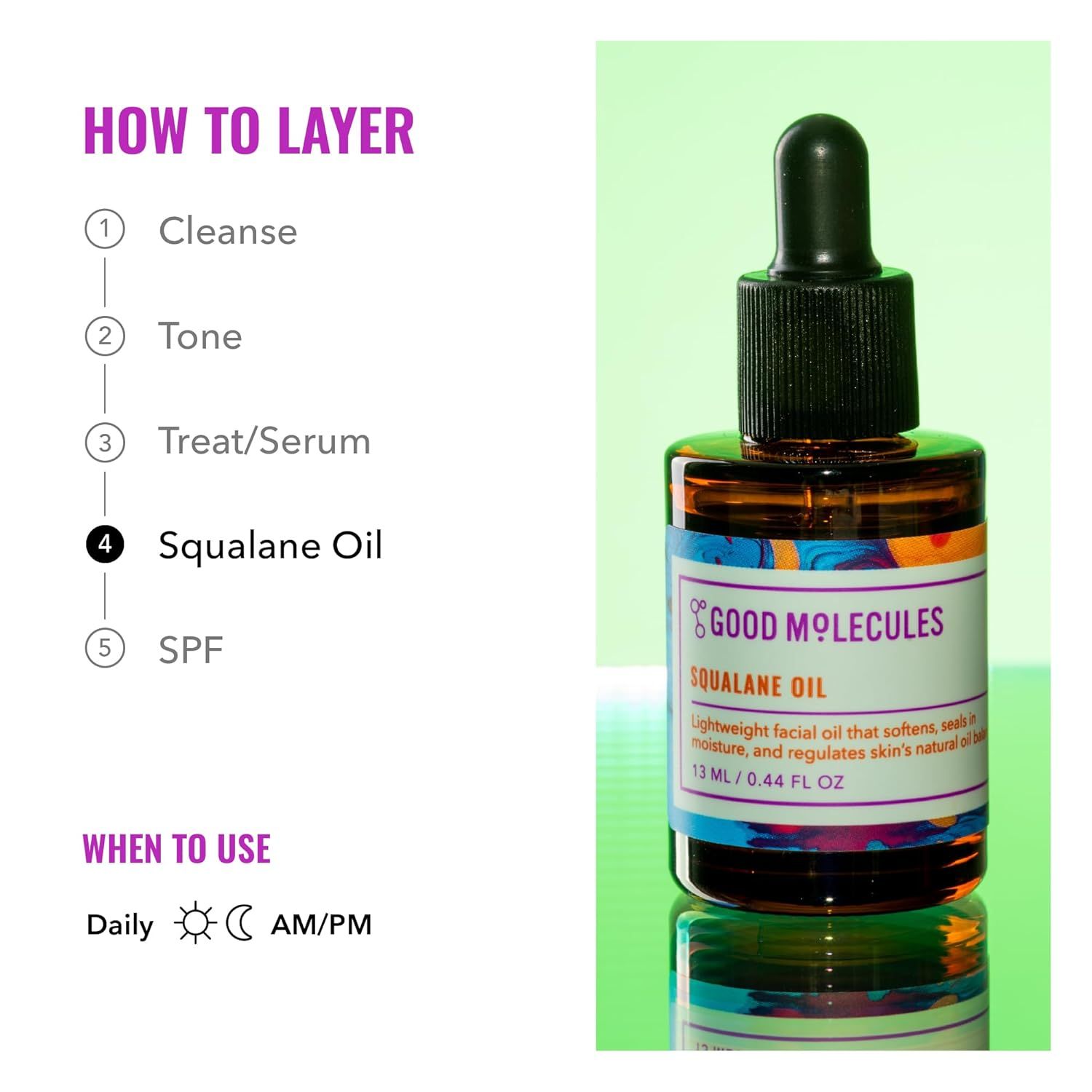 Educates shoppers on the correct order to apply this squalane oil within their skincare routine, showing it as step 4 of 5, and clarifies when to use it (daily, AM/PM).