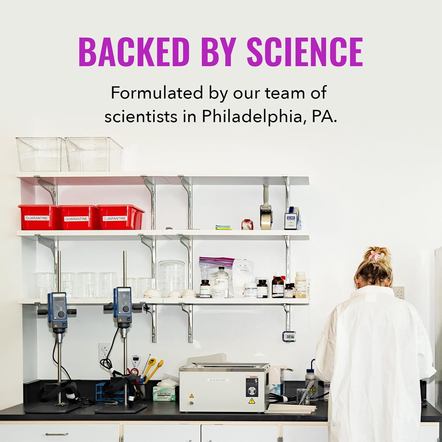 Communicates brand credibility and trust by showcasing the scientific expertise and professional lab environment behind the product formulation.