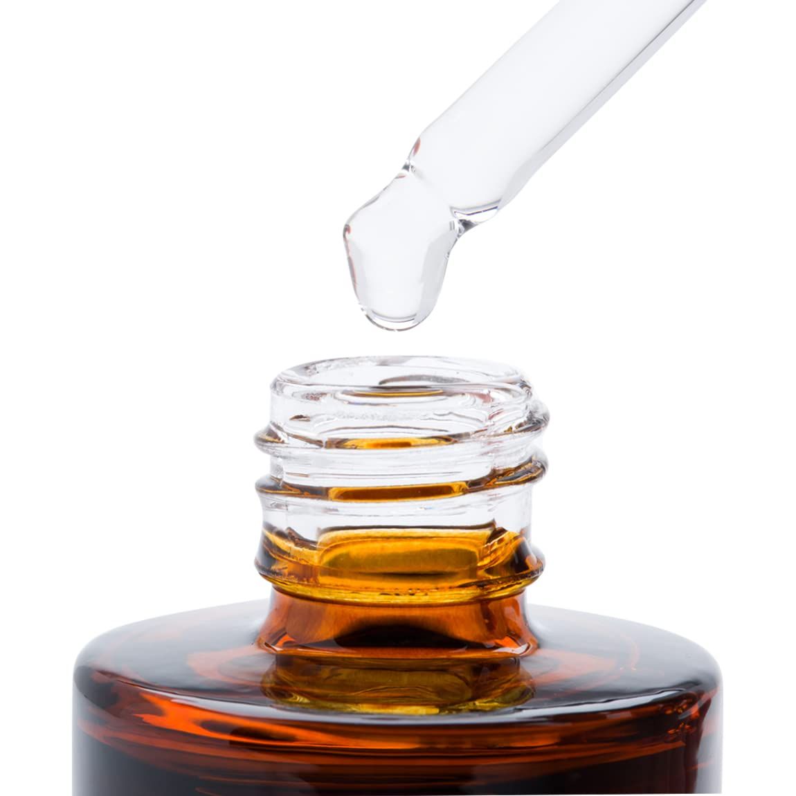 Provides a clean, catalog-style view of the product showing the amber bottle with dropper dispensing liquid, allowing shoppers to clearly see the product format and packaging.