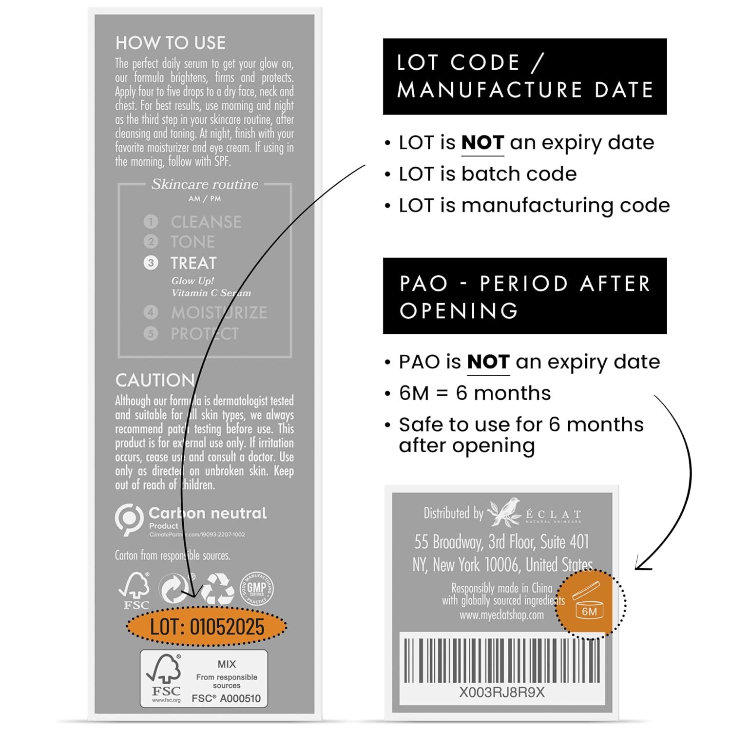 Educates shoppers on how to properly apply the serum and integrate it into their daily skincare routine, while also clarifying product dating codes to reduce confusion and build trust.