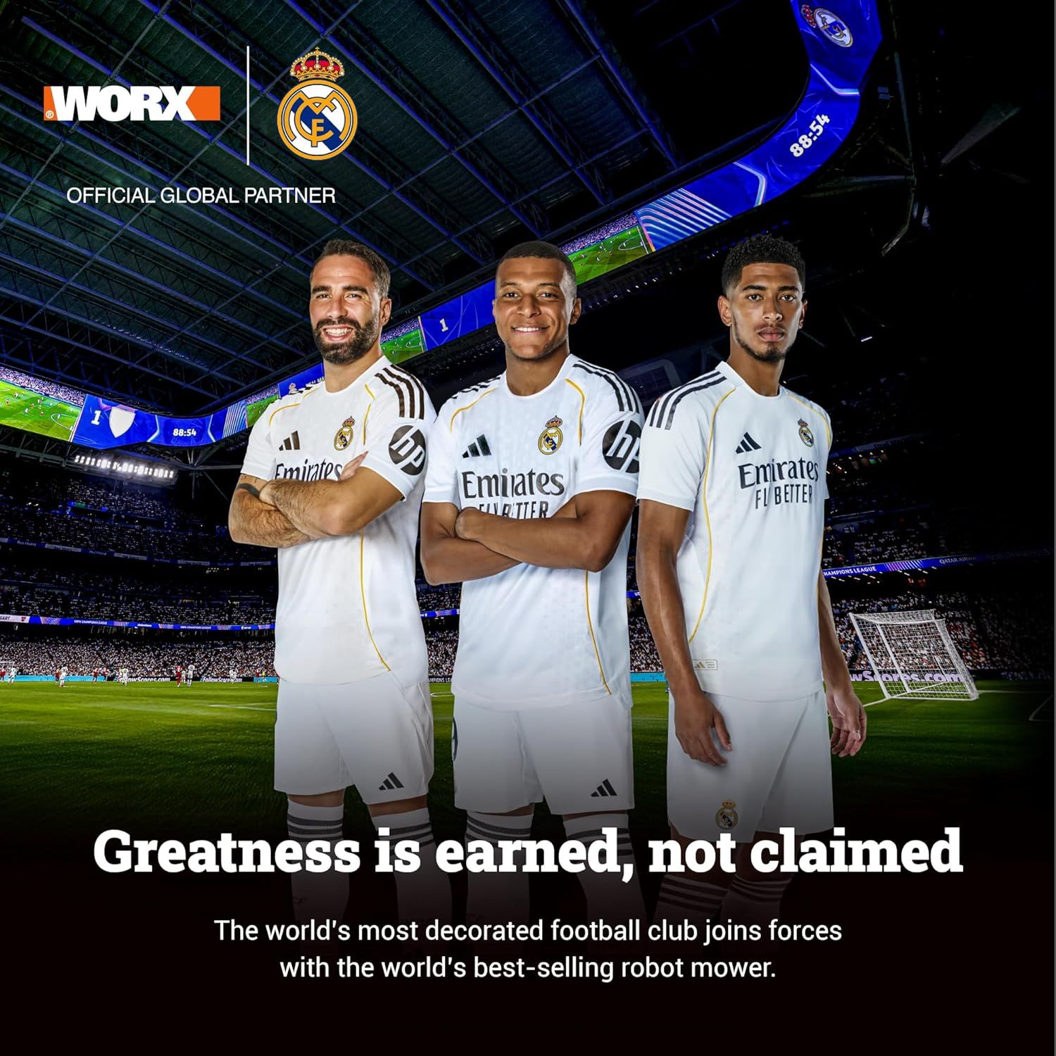 Communicates the official partnership between WORX and Real Madrid, leveraging the football club's prestige and heritage to build brand credibility and emotional connection with shoppers.