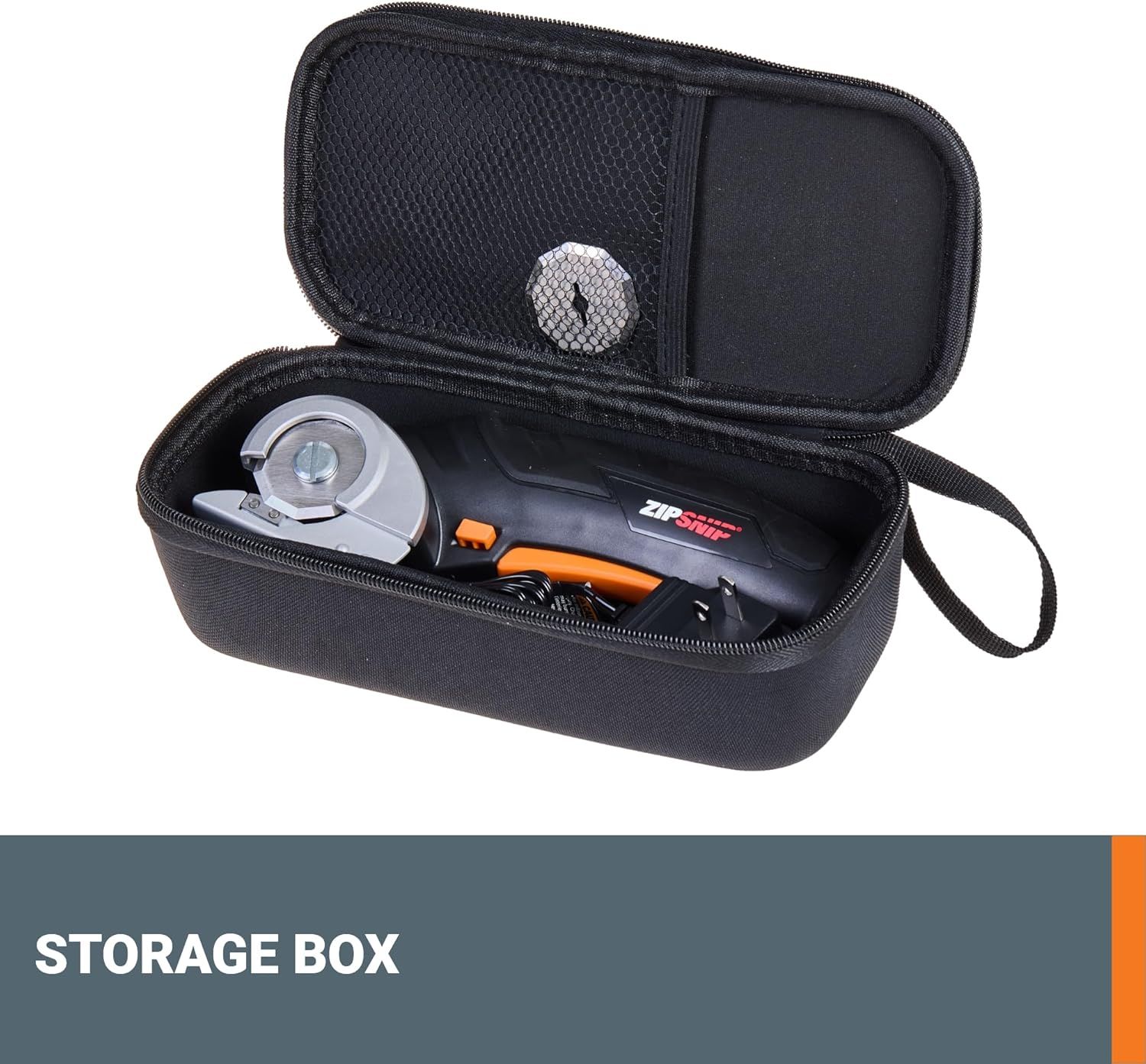 Shows the protective storage case that comes with the product, demonstrating how the tool and accessories are organized and protected for portability and storage.
