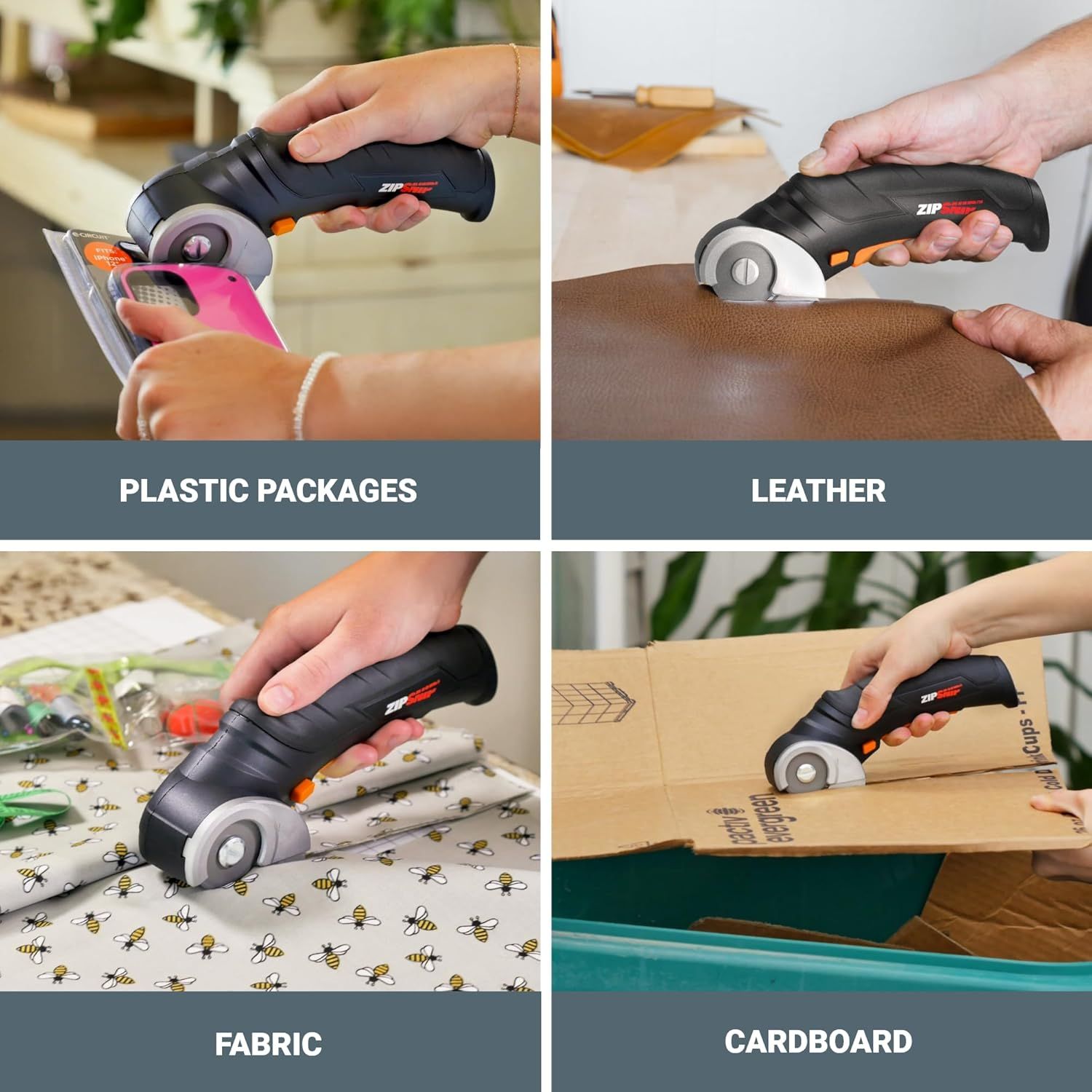 Demonstrates the product's versatility by showing it can cut through multiple different materials including plastic packages, leather, fabric, and cardboard, reassuring shoppers of its wide range of…