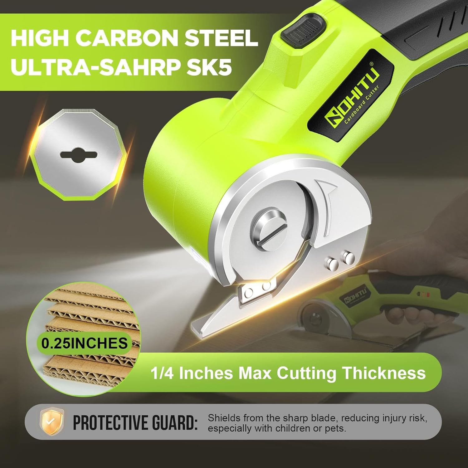 Communicates multiple key product benefits including blade material quality, cutting capacity specifications, and safety features to reassure shoppers of the product's performance and safety.