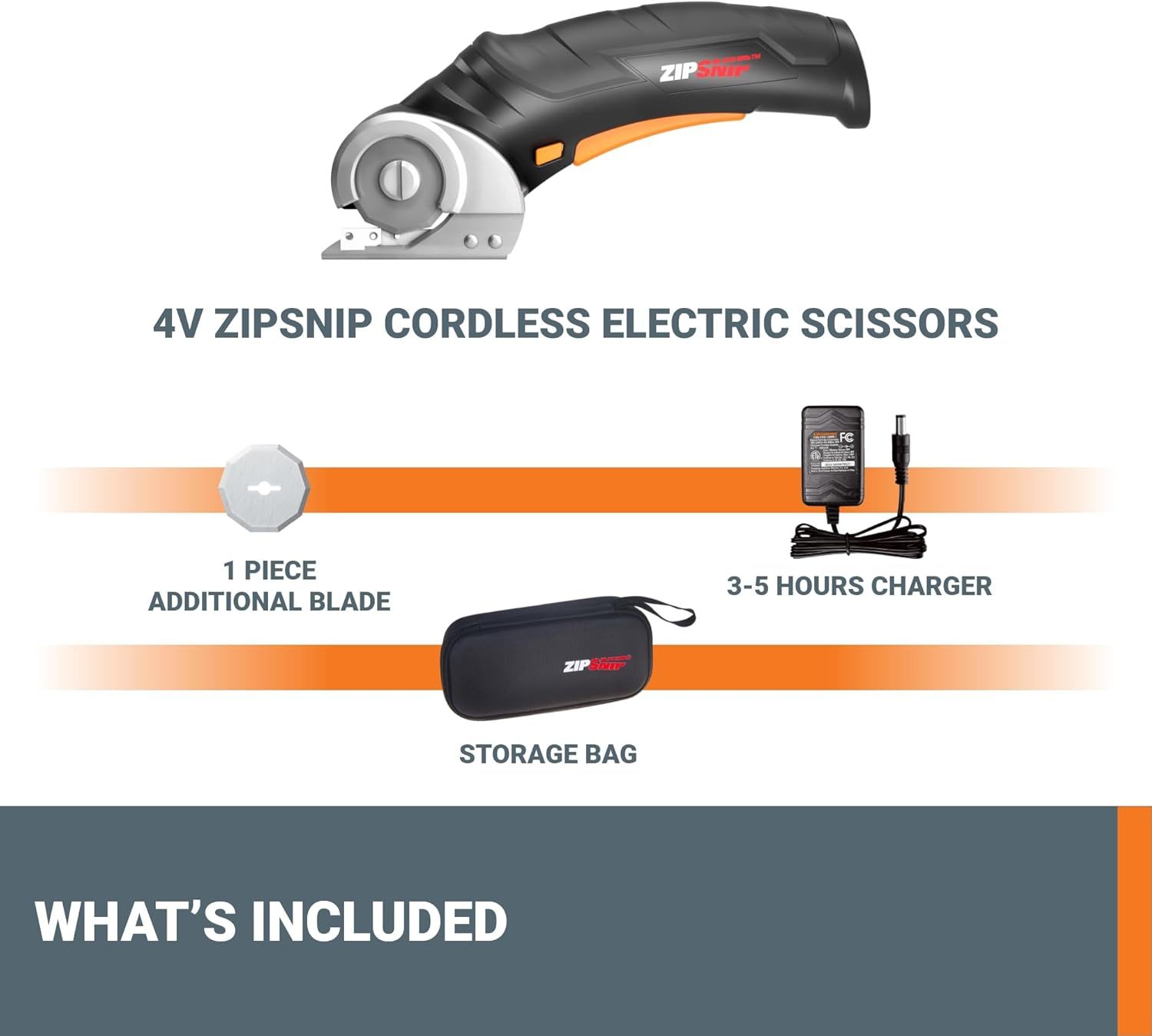 Shows the customer everything included with the cordless electric scissors purchase: the main product, an extra blade, a 3-5 hour charger, and a storage bag for convenience and portability.