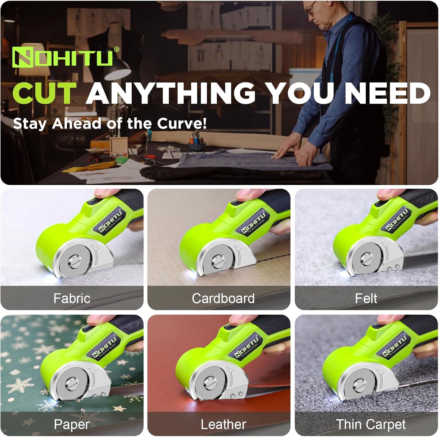Demonstrates the product's versatility by showing it can cut multiple different materials (fabric, cardboard, felt, paper, leather, thin carpet), reassuring shoppers that this rotary cutter is…