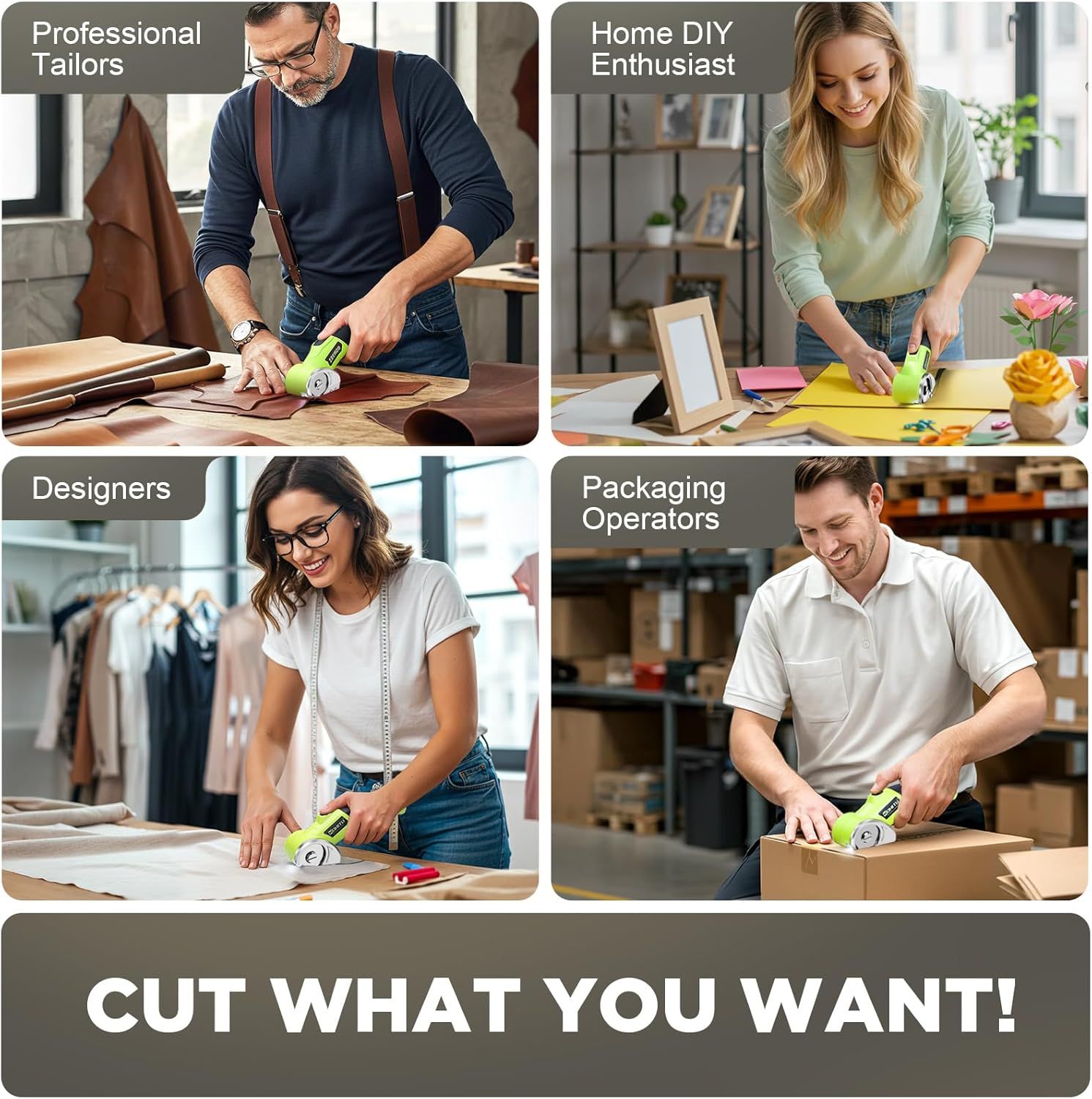 Demonstrates the versatility of the product by showing it being used across four different user types and environments, reassuring shoppers that the product works for various applications and skill…