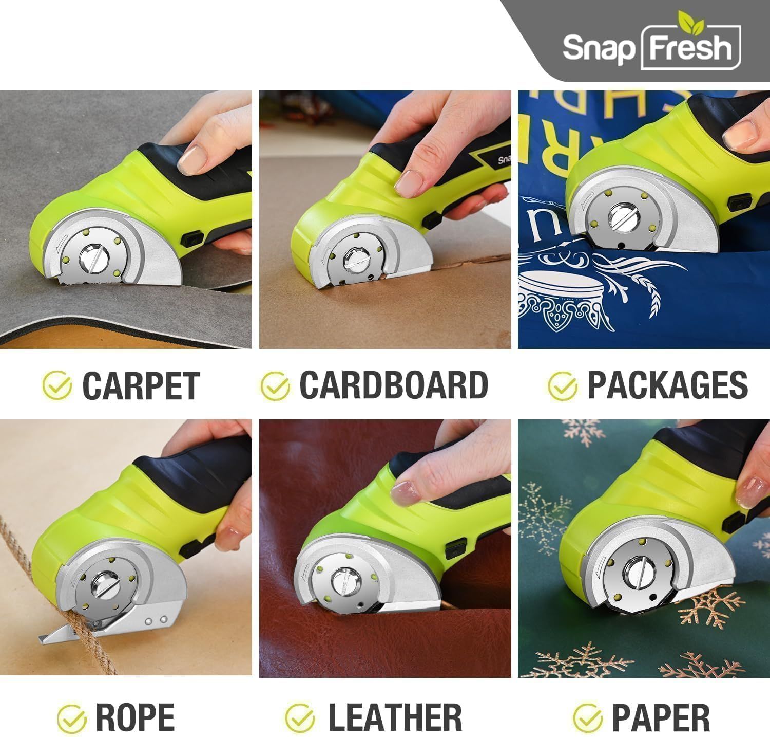 Demonstrates the product's versatility by showing it can cut through six different materials, reassuring shoppers that this tool works across multiple use cases and surfaces.