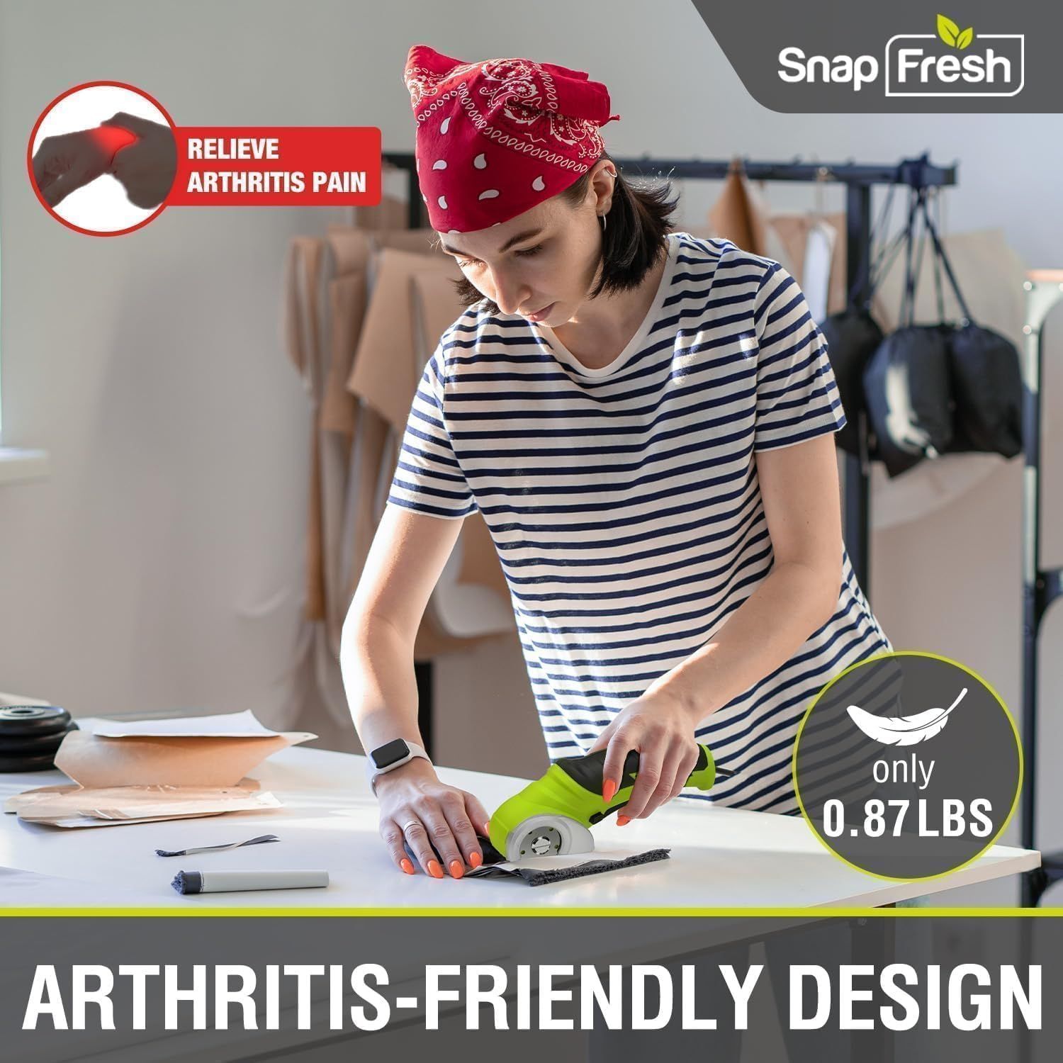Communicates that the product is designed for users with arthritis, emphasizing its lightweight construction (0.87 lbs) and ergonomic design to reduce hand strain and pain during use.