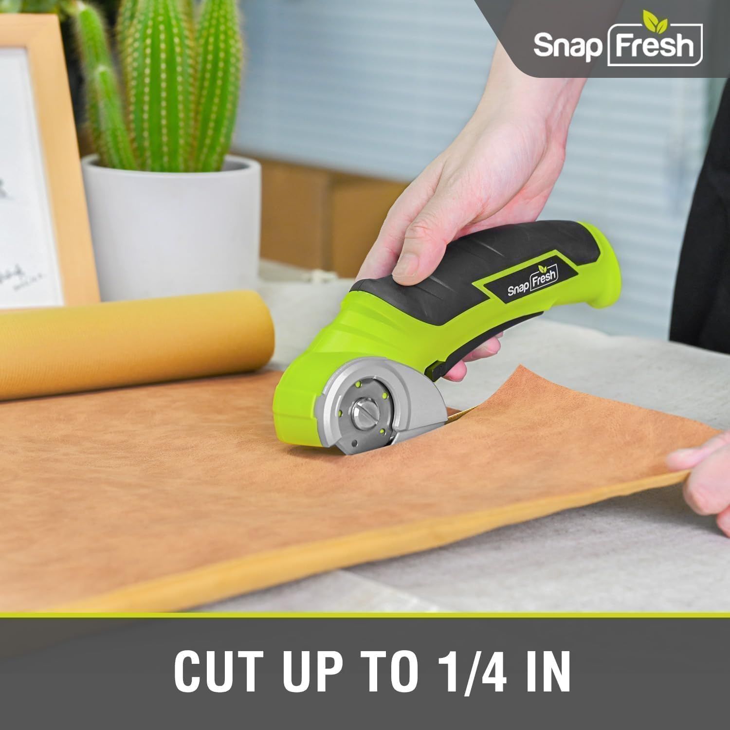 Communicates the product's maximum cutting thickness capability (1/4 inch) to help shoppers understand its performance and suitability for their cutting needs. Demonstrates the rotary cutter in…
