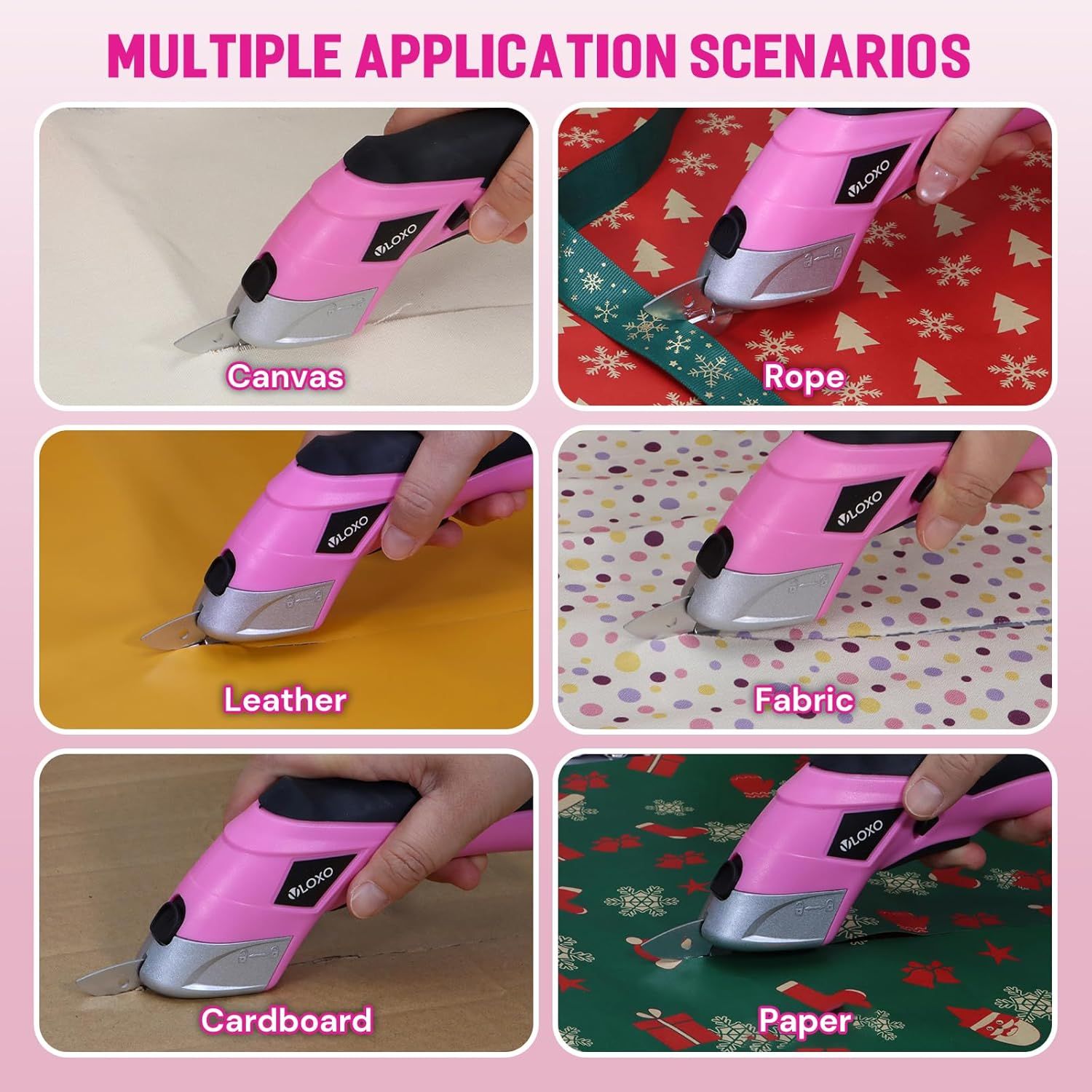 Demonstrates the product's versatility by showing it can cut through six different materials (canvas, rope, leather, fabric, cardboard, and paper), reassuring shoppers that this is a multi-purpose…