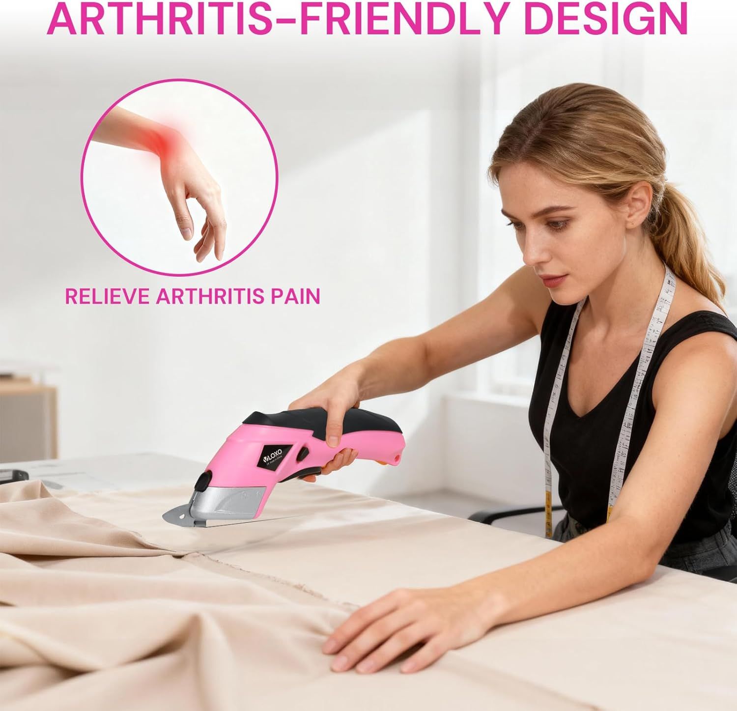 Communicates that the product features an ergonomic, arthritis-friendly design that relieves hand pain and makes the tool comfortable to use for people with arthritis or joint issues.