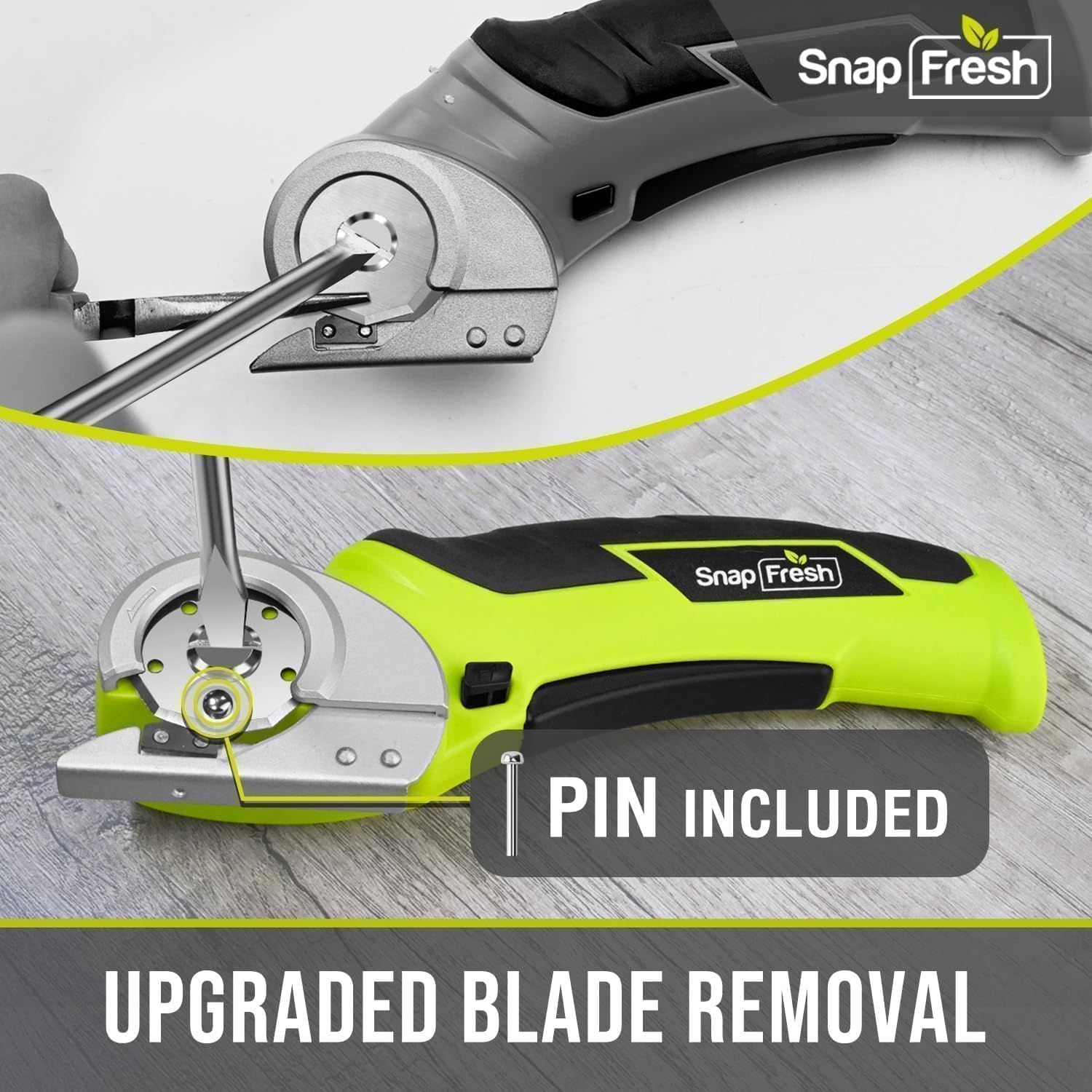 Informs the shopper that a pin accessory is included with the product, highlighting the added value and convenience of the purchase. Highlights the upgraded blade removal feature as a key benefit,…