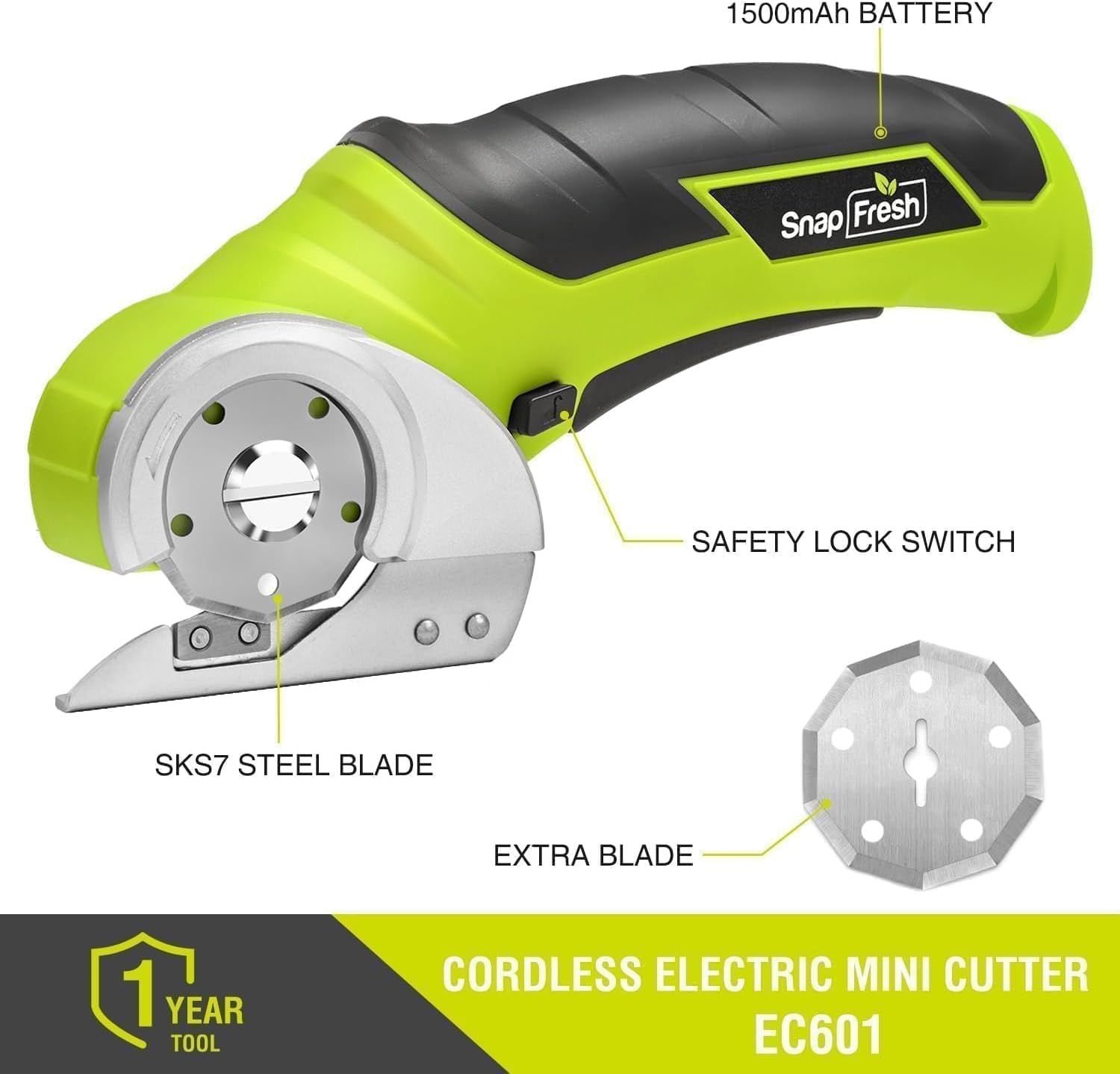 This image breaks down the key physical components and features of the cordless electric mini cutter, helping shoppers understand what parts make up the product and what's included.