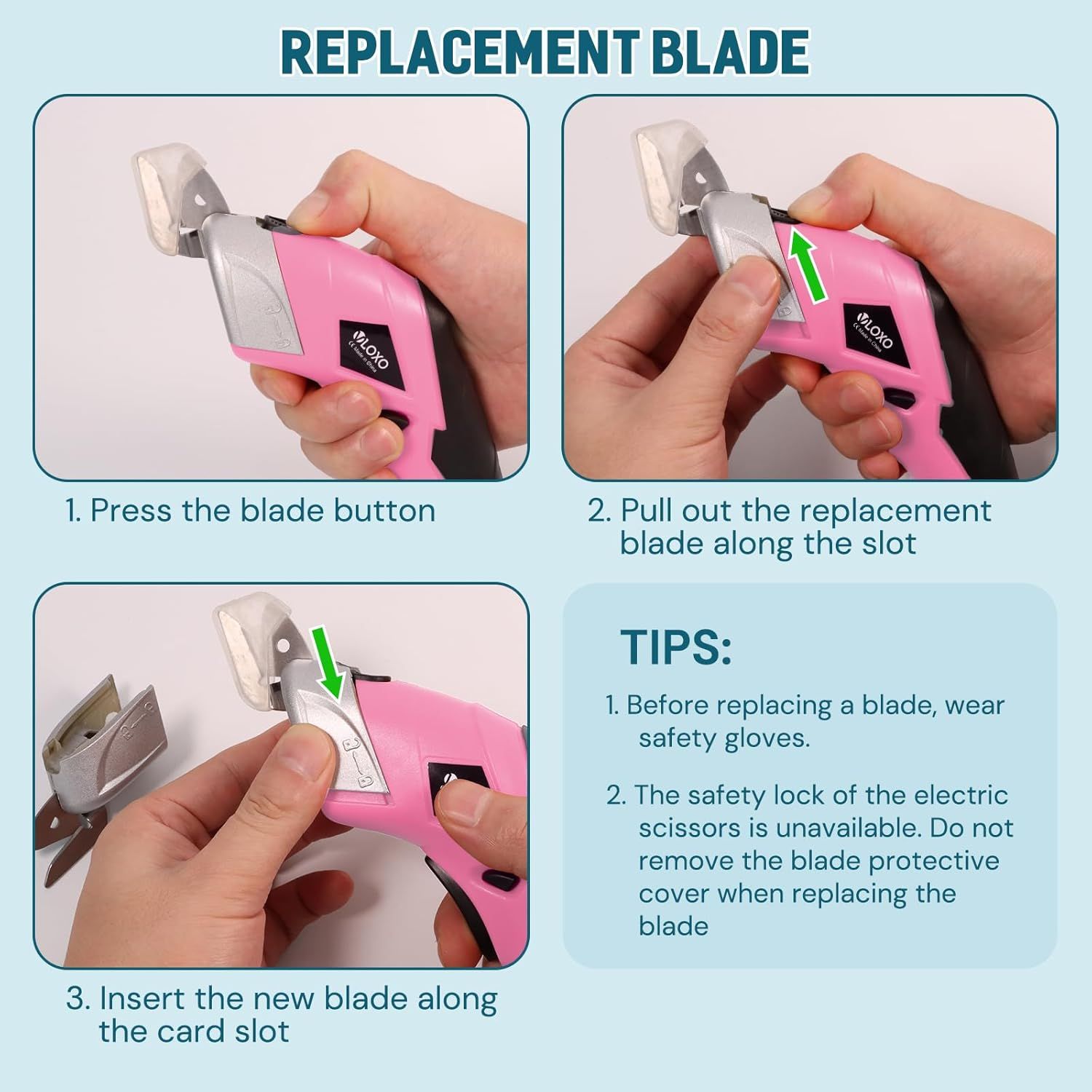 This image provides step-by-step instructions on how to safely replace the blade on the electric scissors, reassuring shoppers that maintenance is simple and straightforward.
