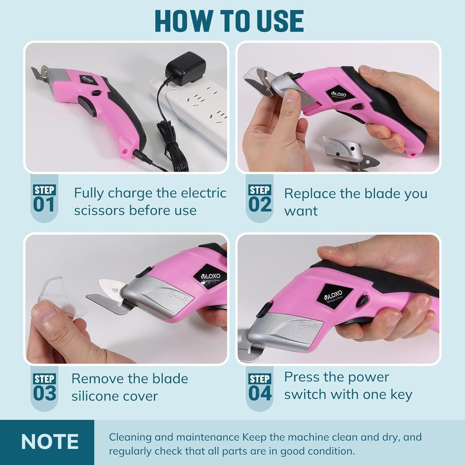 Provides step-by-step instructions on how to charge, assemble, and operate the electric scissors, helping shoppers understand the ease of use and setup process.