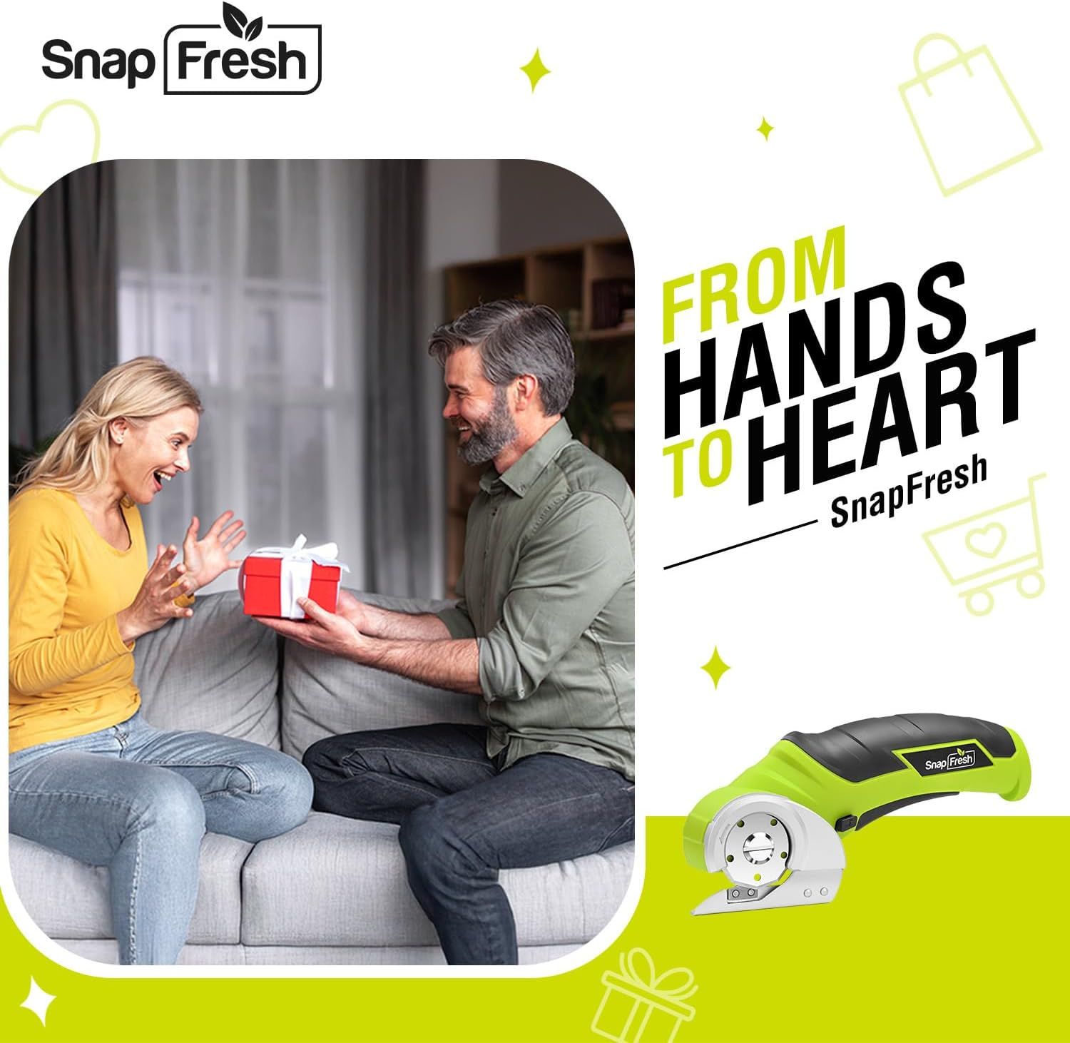 Positions the SnapFresh product as a thoughtful gift option, emphasizing emotional connection and gifting appeal through lifestyle imagery and 'From Hands to Heart' messaging. Communicates the…