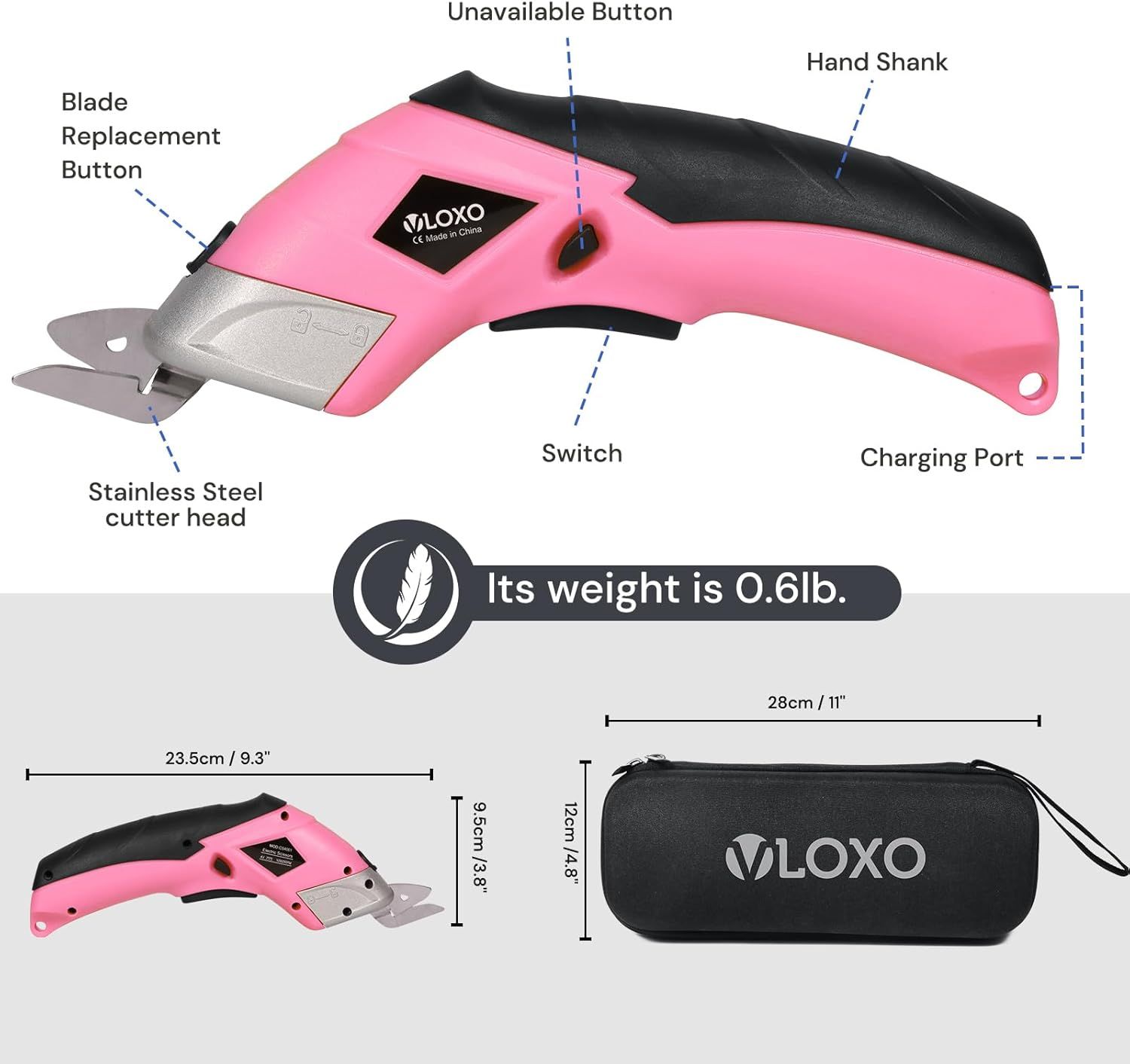 This image breaks down the physical components and parts of the electric cutter tool, helping shoppers understand the product's structure and key functional areas. Communicates the physical size and…
