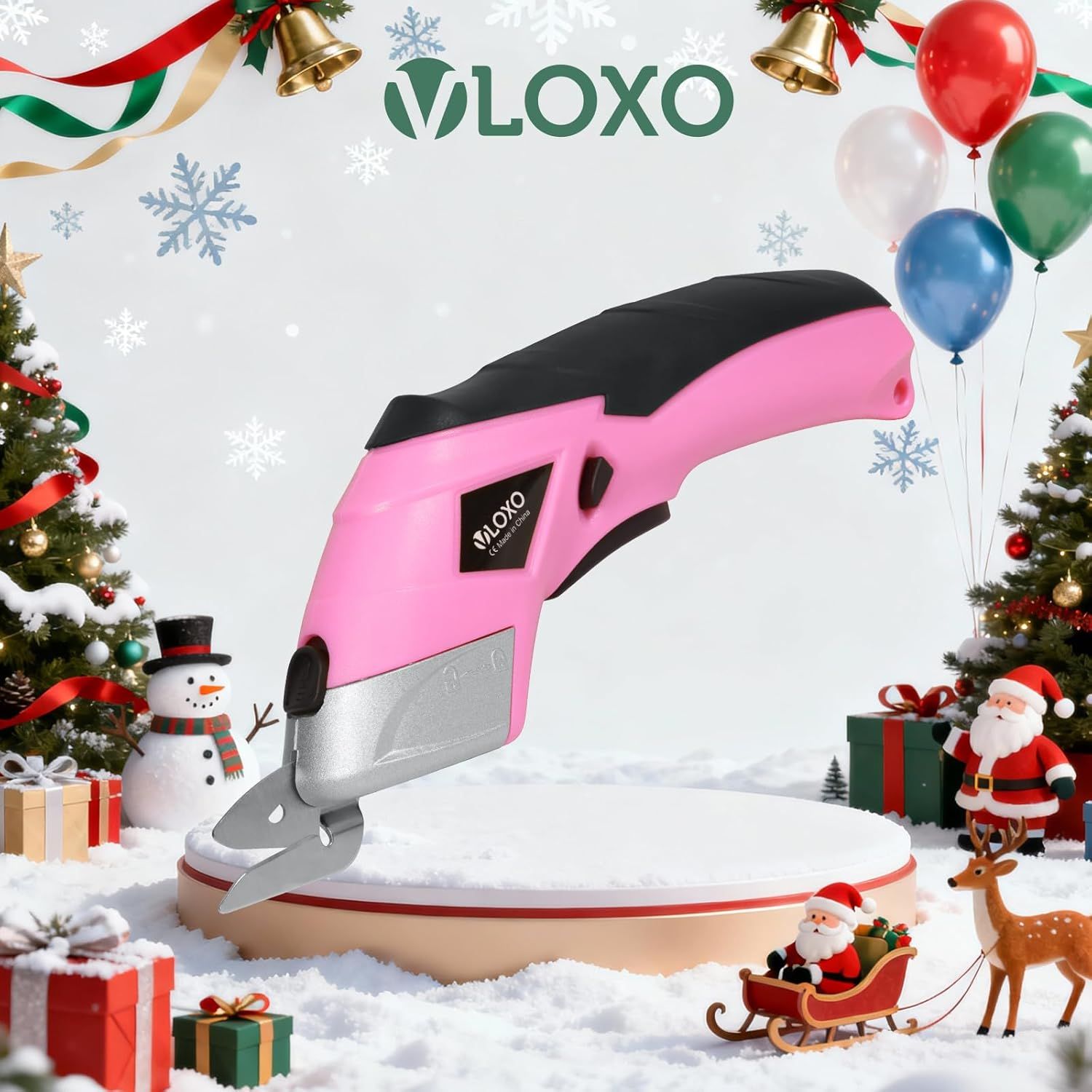 Positions the product as a perfect holiday gift by surrounding it with festive Christmas decorations, snowflakes, ornaments, and seasonal imagery to appeal to holiday shoppers.