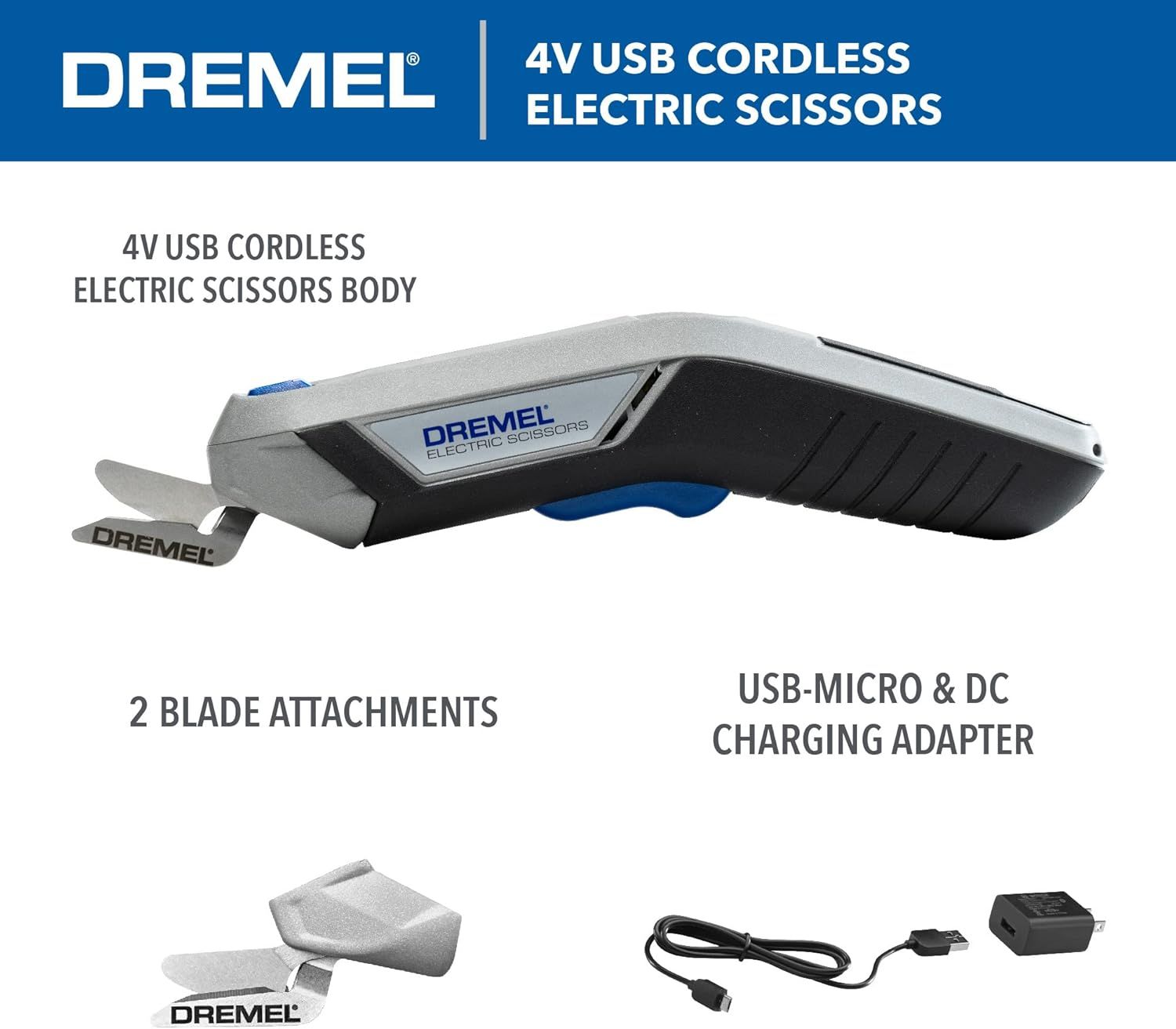 Shows the customer everything included in the package: the cordless electric scissors body, 2 blade attachments, and USB-Micro & DC charging adapter to communicate the complete value of the purchase.