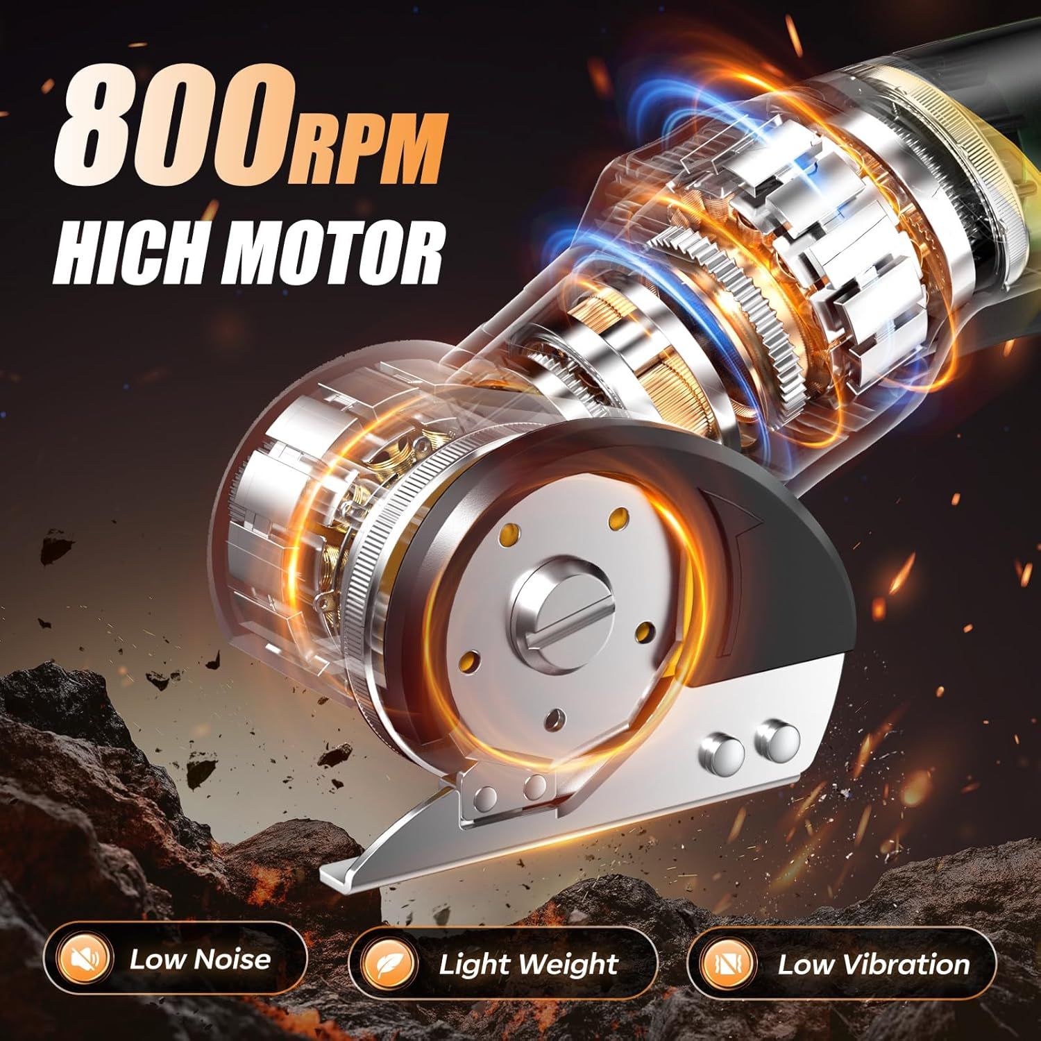 Highlights the powerful 800 RPM motor performance to communicate superior speed and power capability to shoppers. Showcases three distinct benefits of the motor (quiet operation, lightweight design,…