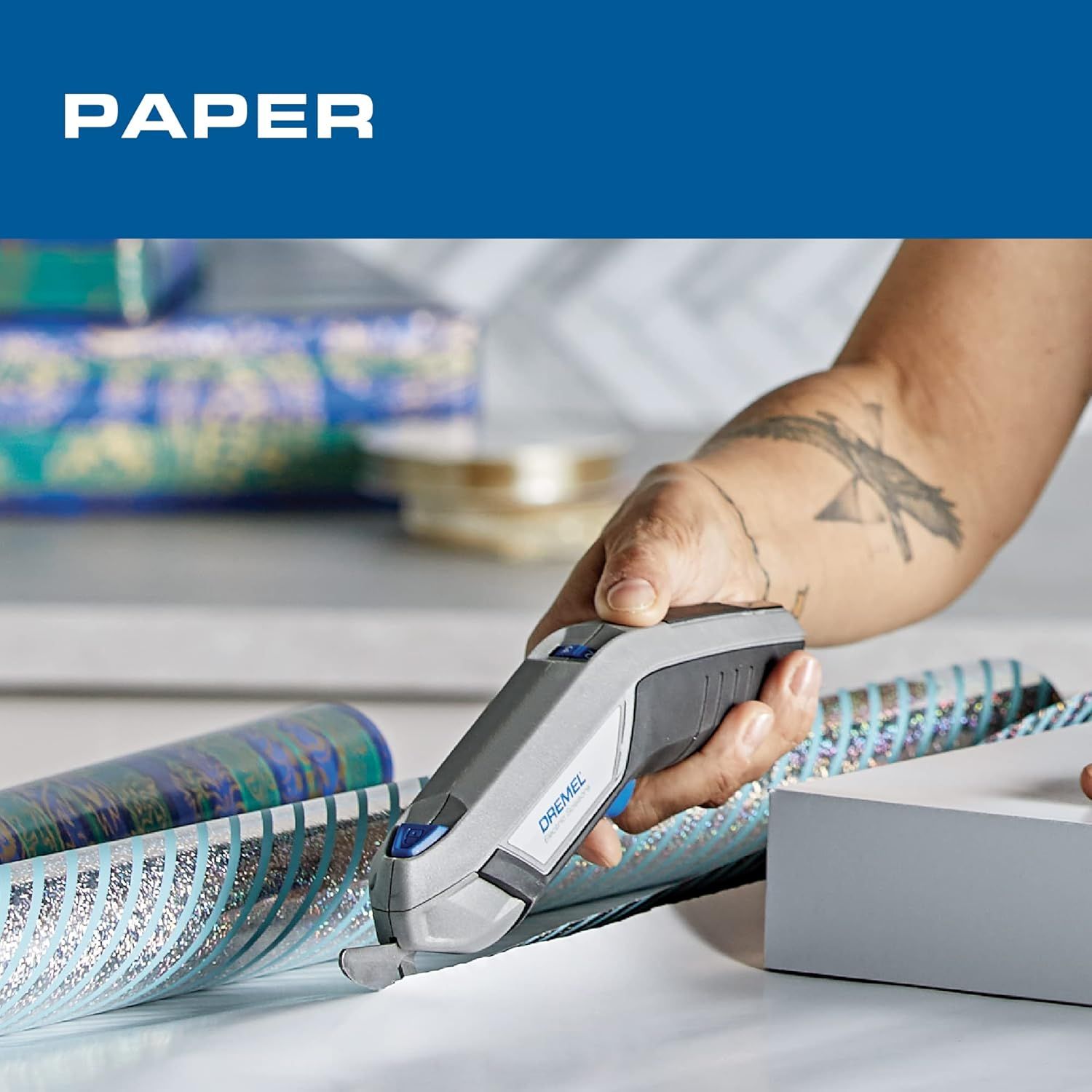 Demonstrates the product in use for paper crafting applications, showing shoppers how the tool can be used for creative projects and reassuring them of its practical utility.