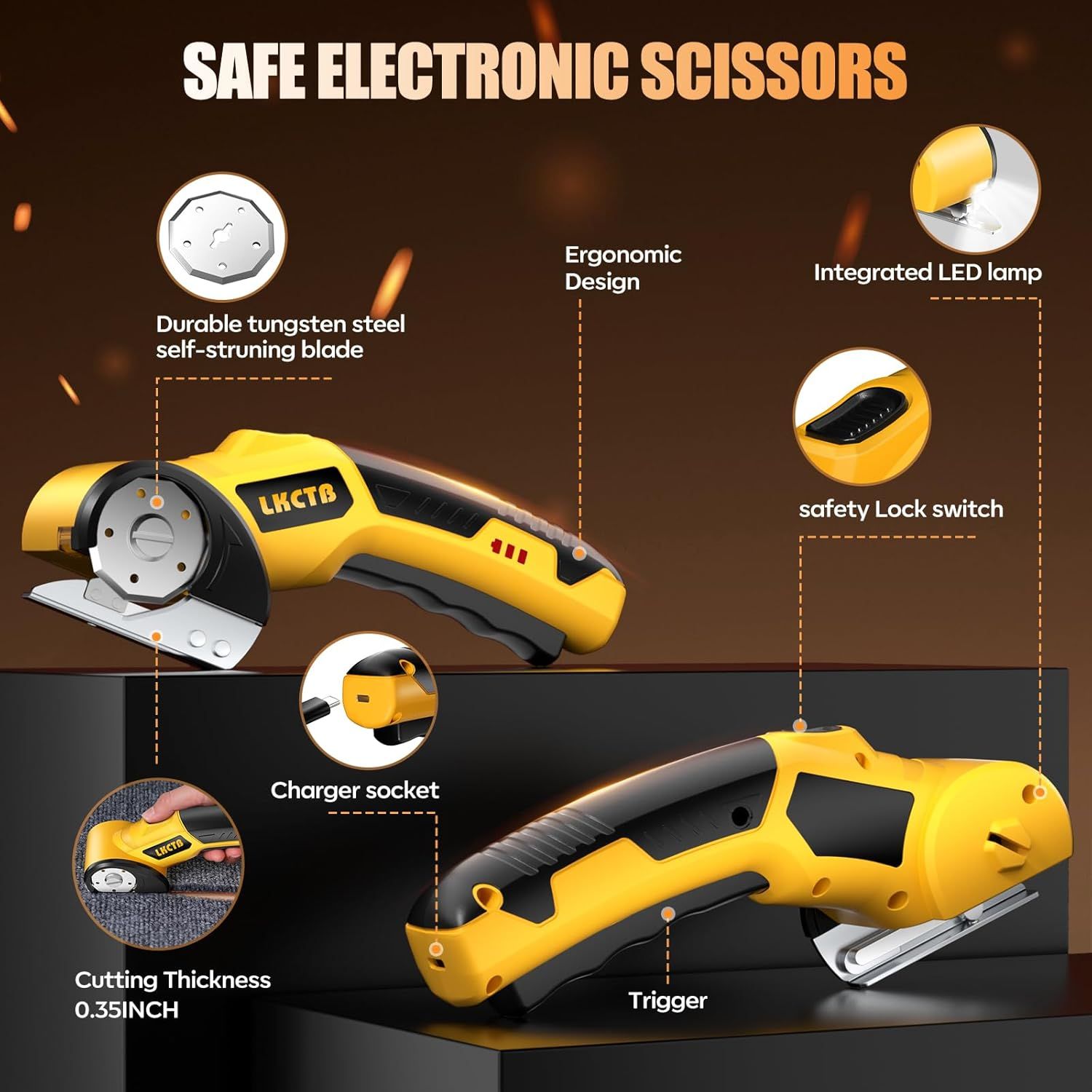 This image breaks down the electronic scissors by labeling and highlighting its key physical components and features, helping shoppers understand the product's construction and functional parts.