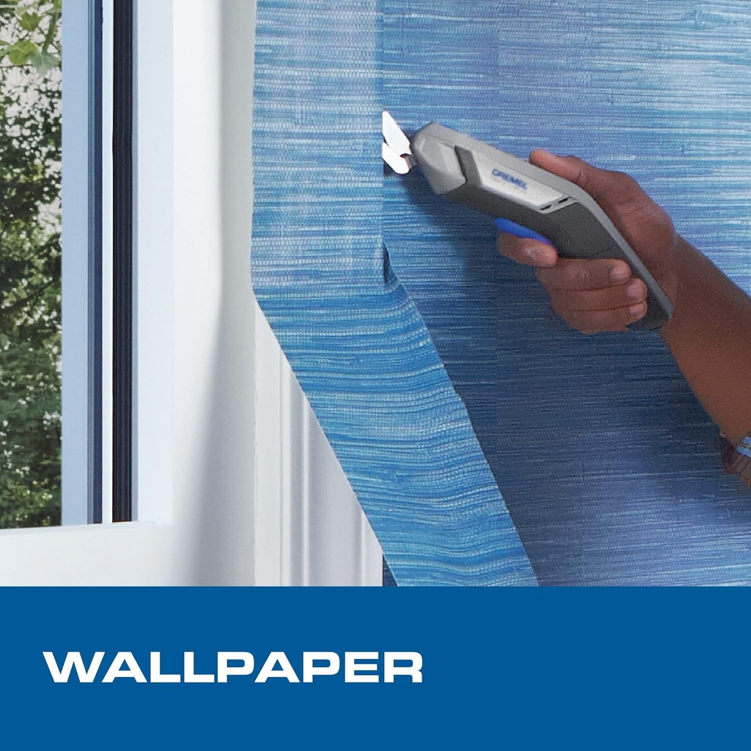 Demonstrates the product's use case for cutting and applying wallpaper, showing shoppers how the tool can be used in a real-world home improvement scenario.
