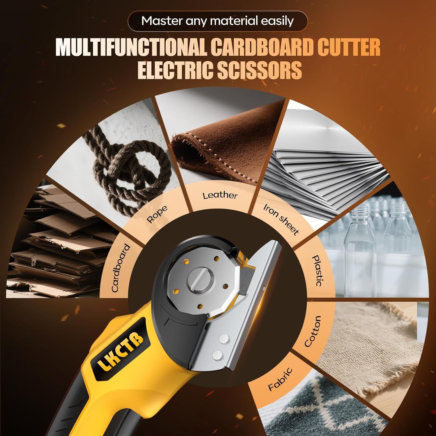 Demonstrates the electric scissors' versatility by showing multiple materials it can cut, reassuring shoppers that this single tool can handle diverse cutting tasks.