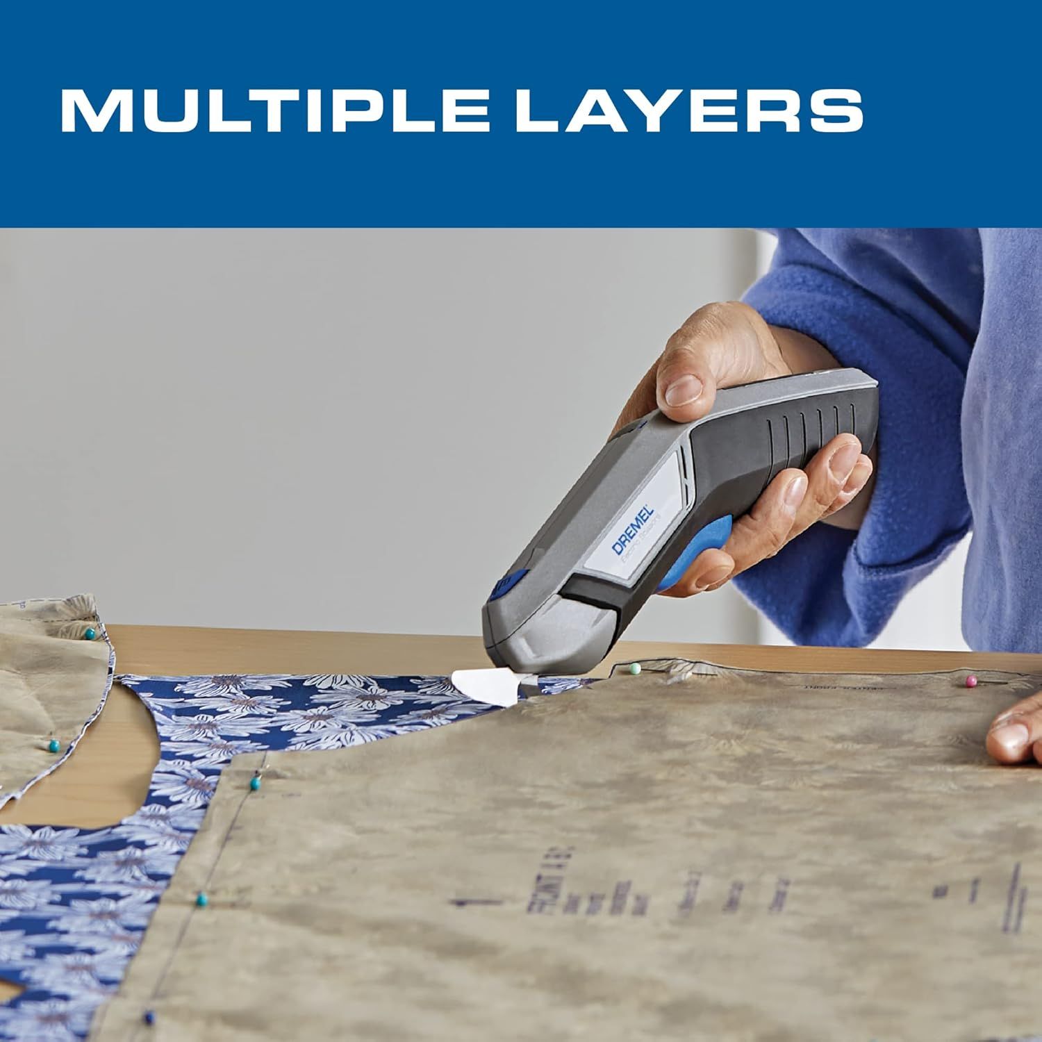 Demonstrates the product's ability to cut through multiple layers of fabric simultaneously, reassuring crafters and sewers that the tool can handle complex projects efficiently.