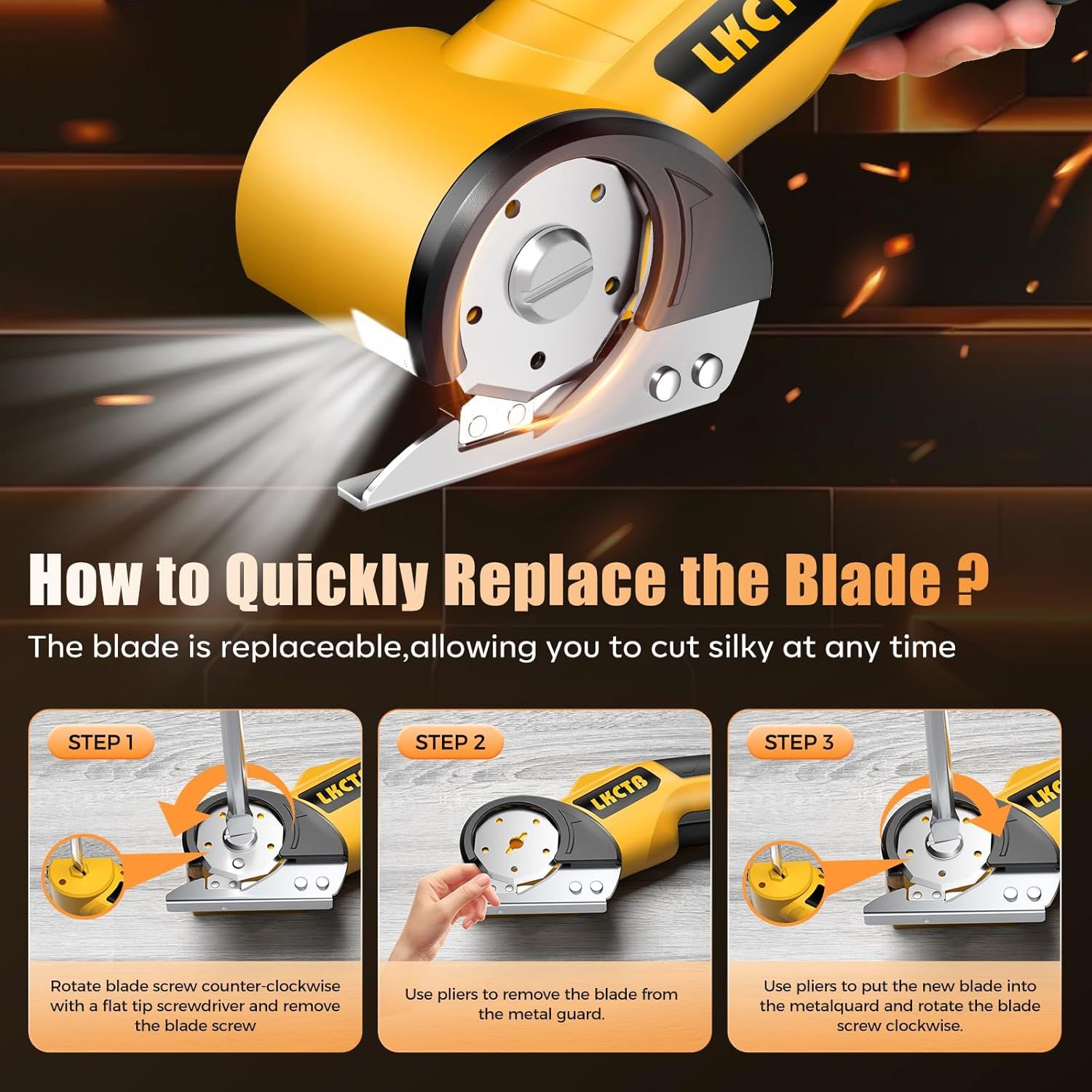 Demonstrates the step-by-step process for quickly replacing the blade, reassuring shoppers that maintenance is simple and the replaceable blade allows continuous cutting without downtime.