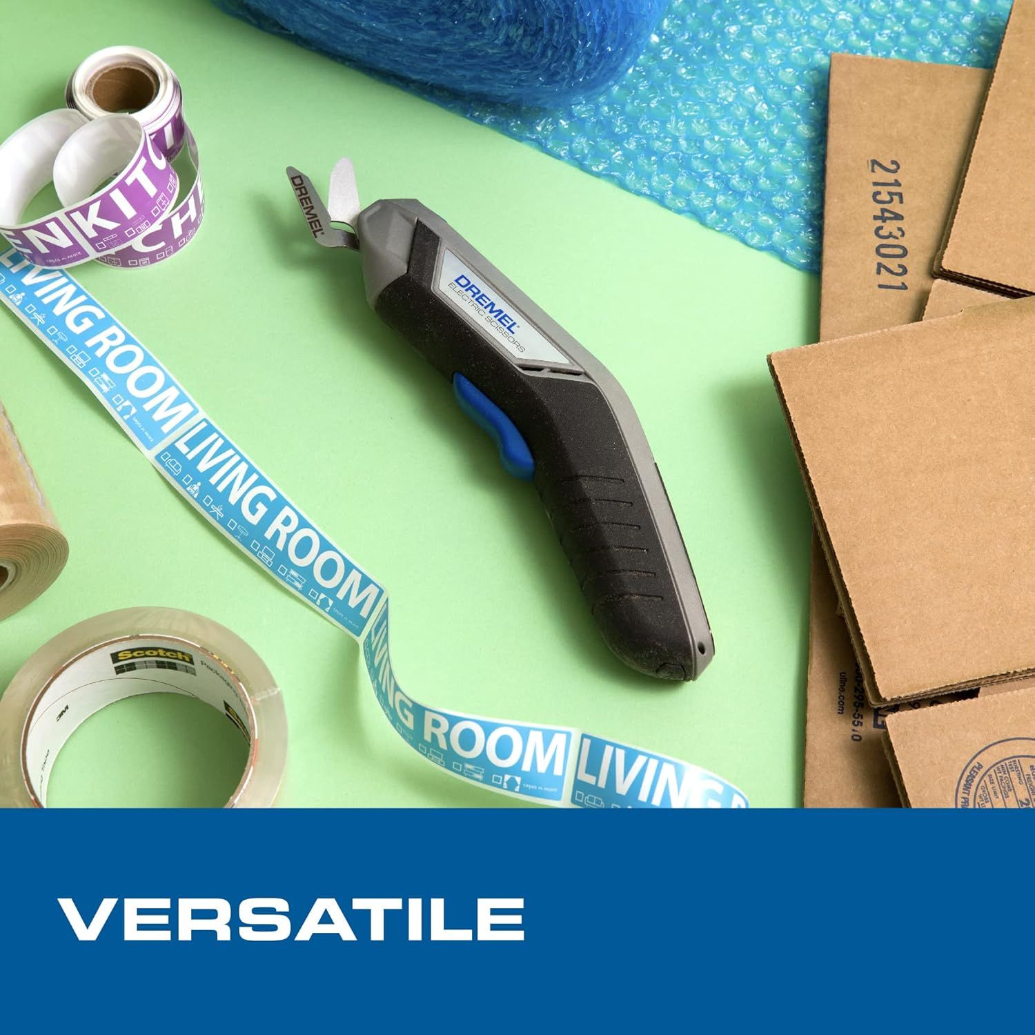 Demonstrates the product's versatility by showing it in a context with various materials (bubble wrap, tape, cardboard boxes), suggesting it can be used for multiple applications like packaging,…