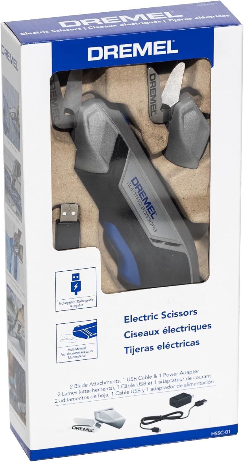 Shows the customer everything included in the package: electric scissors, blade attachments, USB cable, and power adapter, helping them understand the full value of the purchase.