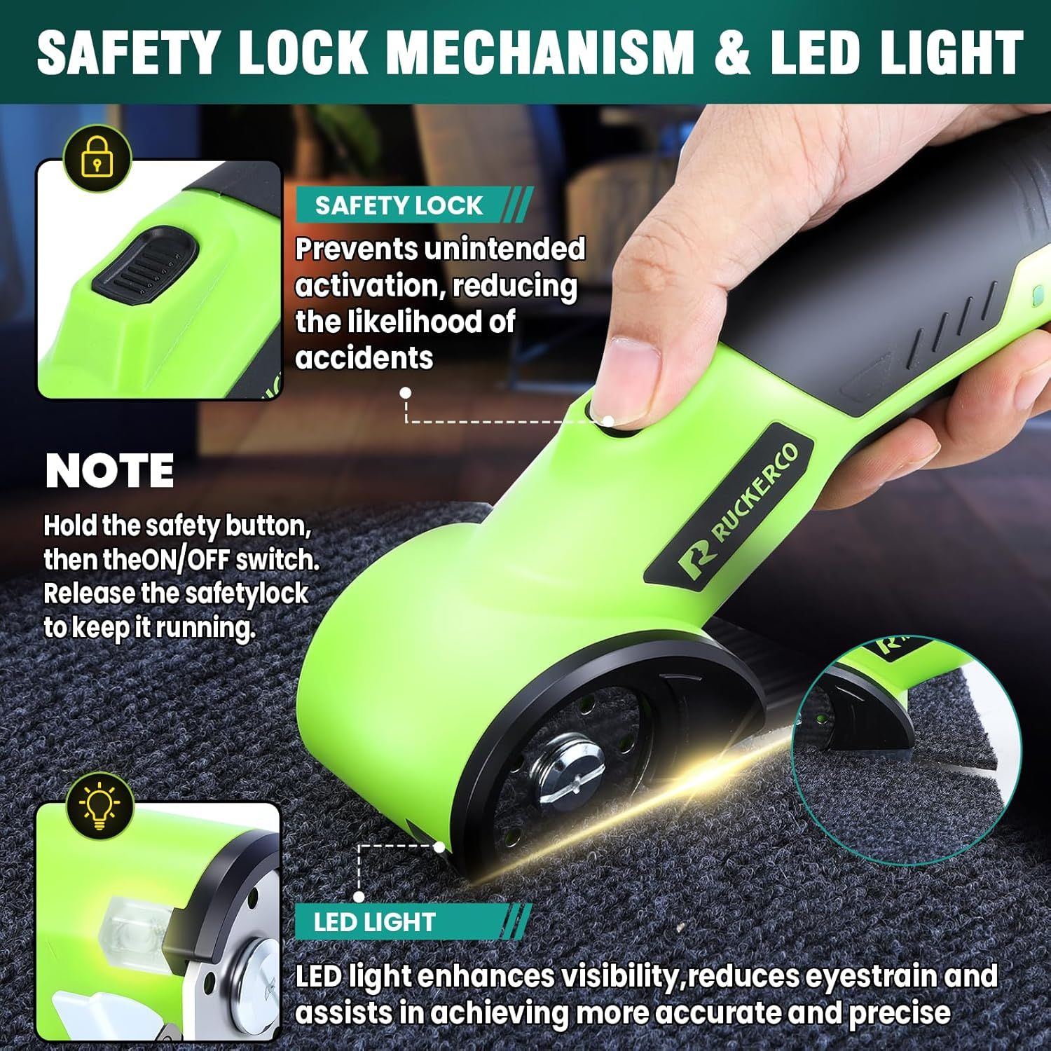 Communicates two distinct safety and usability features: the safety lock that prevents accidental activation and the LED light that enhances visibility and precision during use.