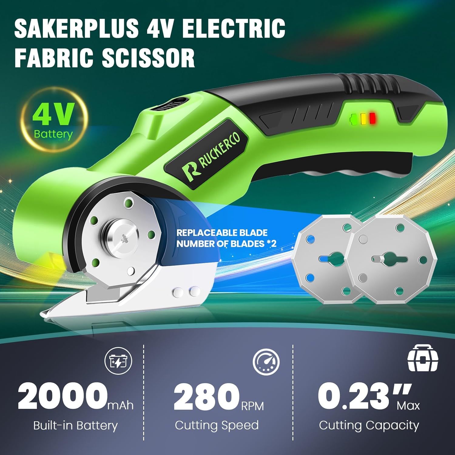 Communicates multiple key product specifications and benefits in a segmented layout to help shoppers understand the scissor's battery capacity, performance speed, cutting capability, and blade…