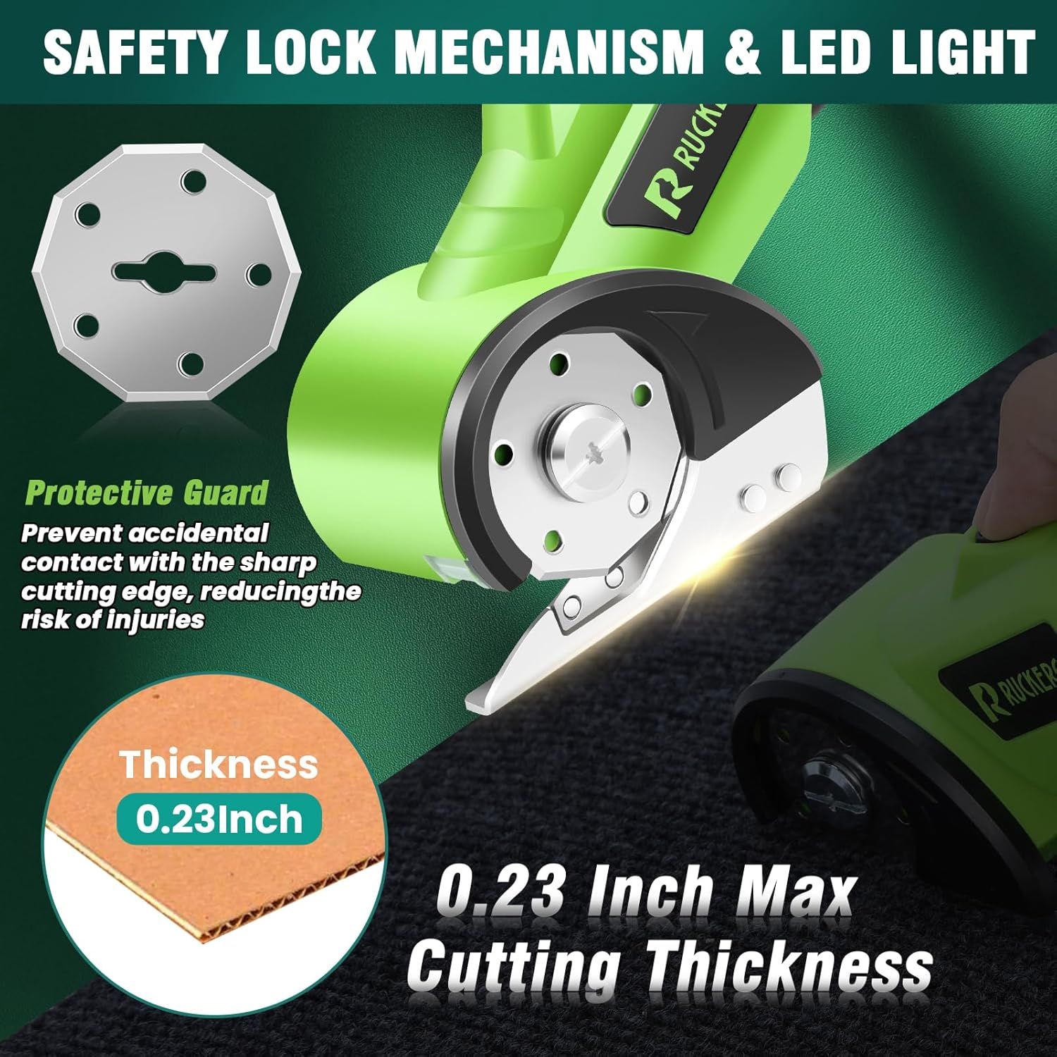 Communicates multiple key features of this cutting tool including safety mechanisms, protective guard to prevent injuries, LED lighting, and cutting capacity specifications to reassure shoppers of…
