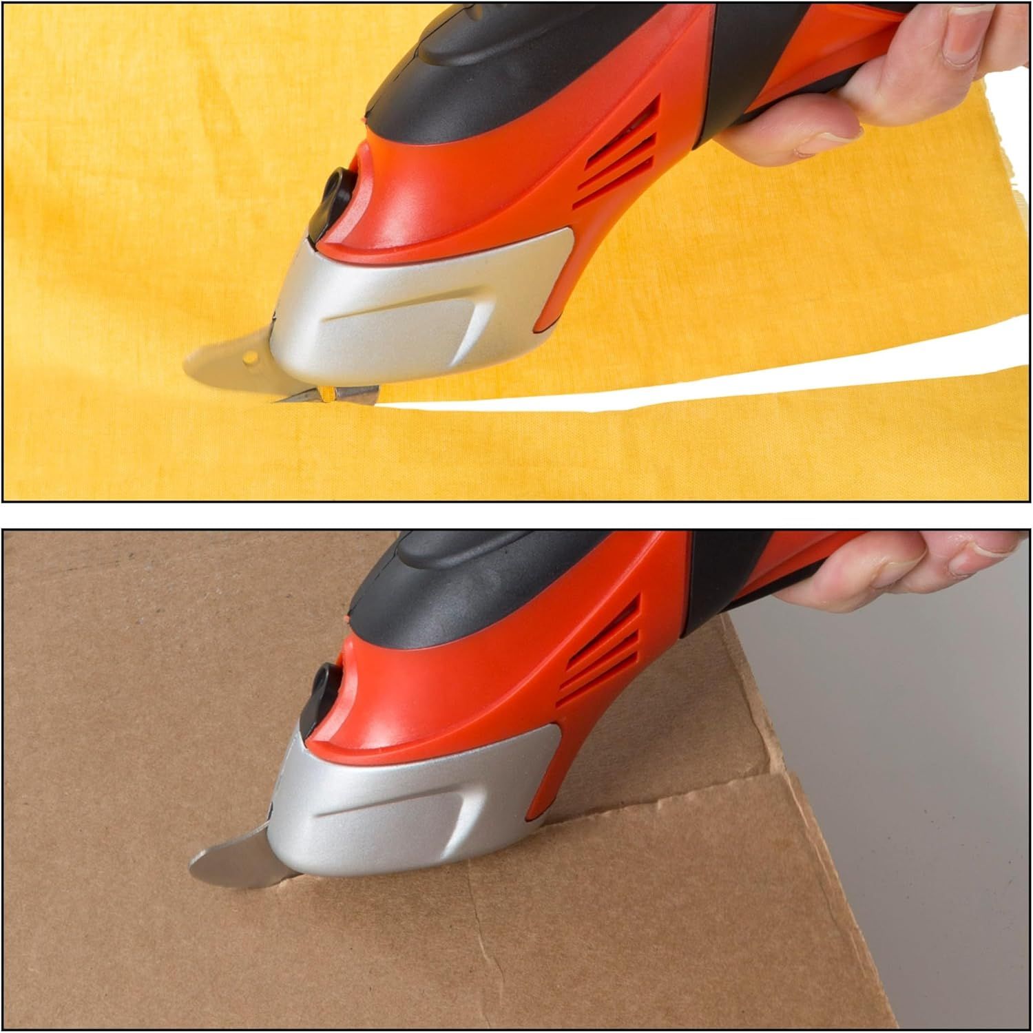 Demonstrates the product's versatility by showing it can cut through different materials (fabric and cardboard), reassuring shoppers it works for various crafting and DIY projects.