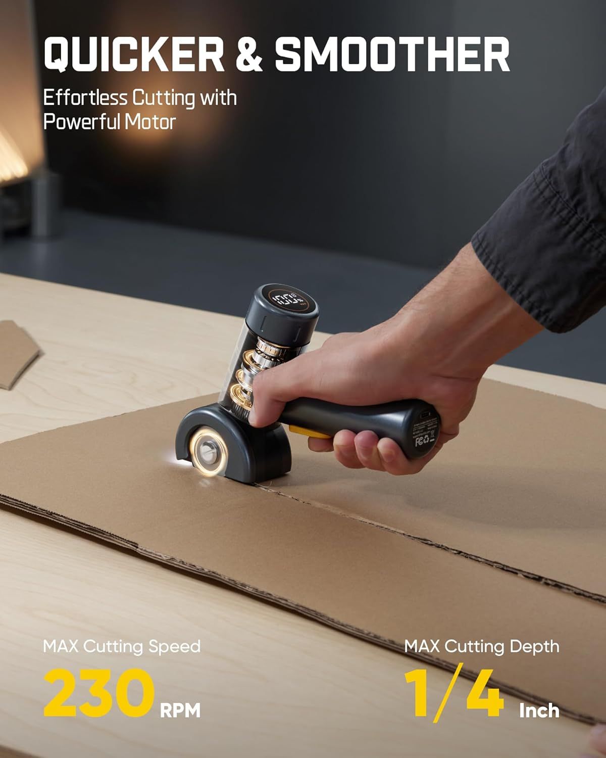 Communicates the product's performance capabilities with specific quantifiable stats (230 RPM cutting speed and 1/4 inch cutting depth) to demonstrate power and efficiency for cutting tasks.…