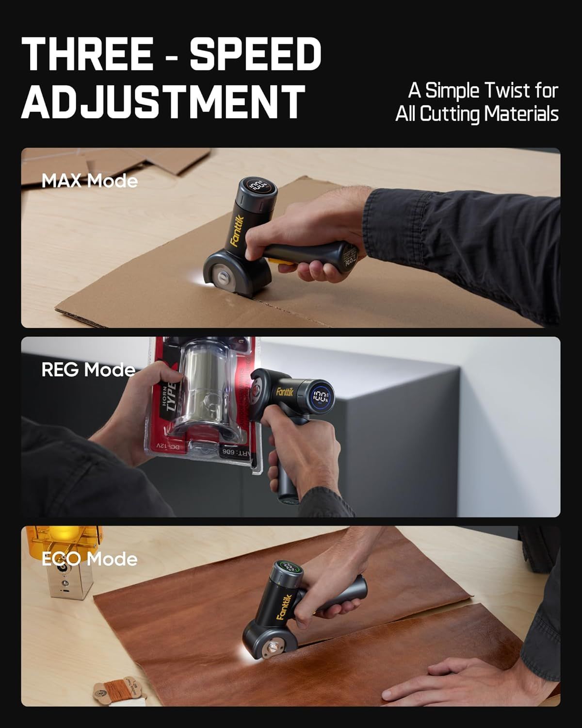 Demonstrates the product's versatility by showing three different speed modes (MAX, REG, ECO) for different cutting materials and applications, reassuring shoppers that the tool adapts to various…
