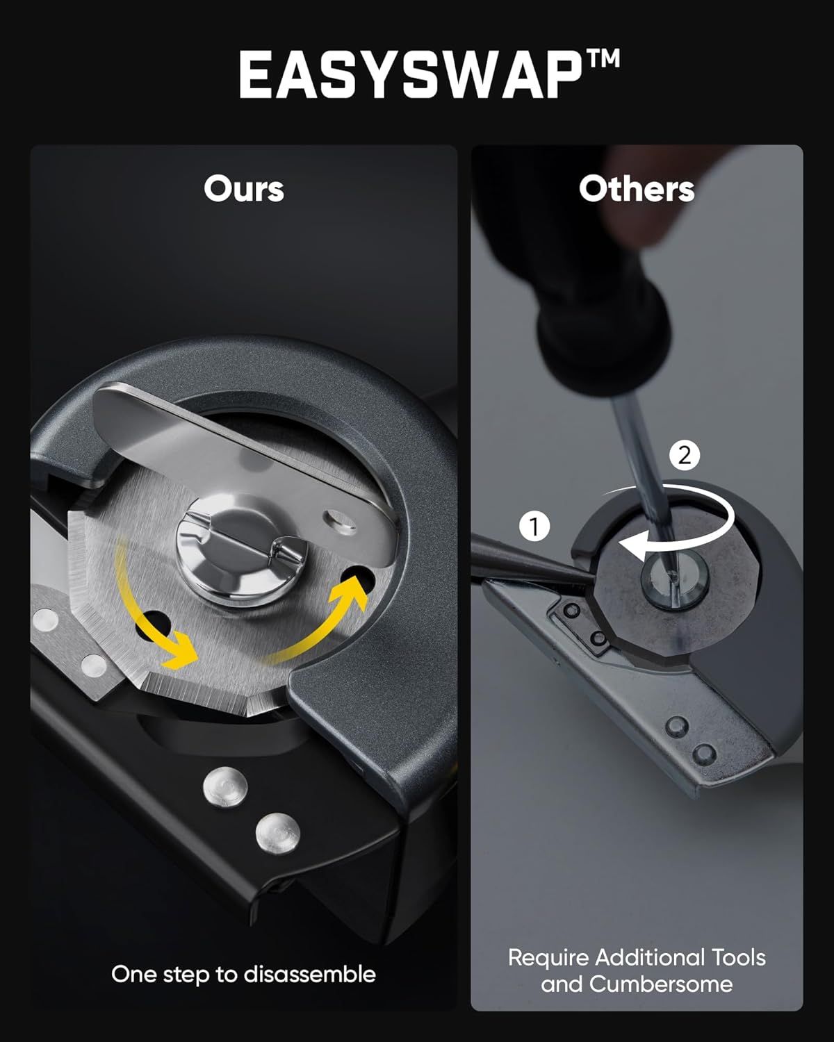 Demonstrates the product's superior ease of disassembly compared to competitors, showing that it requires only one simple step versus multiple tools and complex steps.