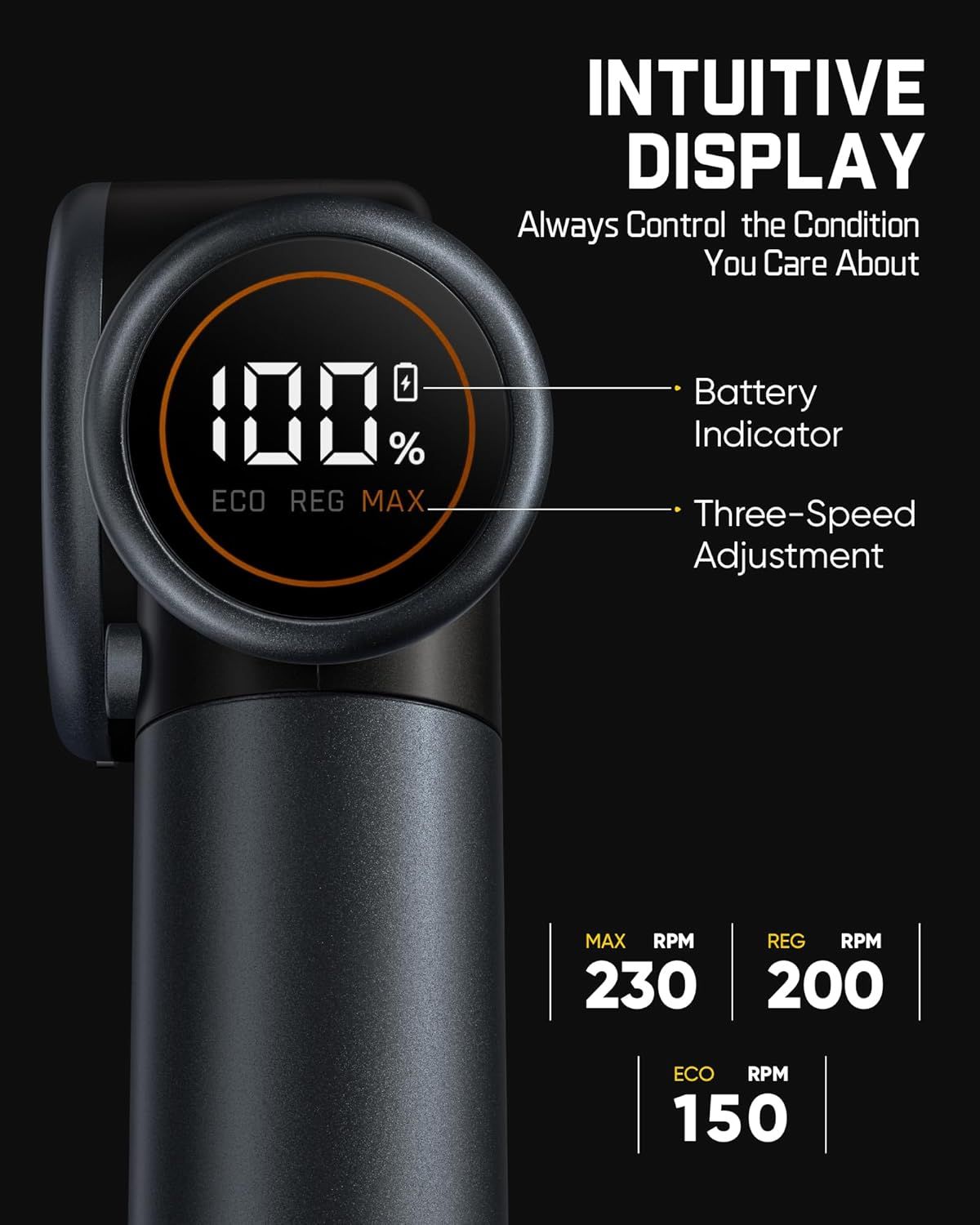 Breaks down the product's digital display interface to show shoppers how they can monitor battery life and control speed settings, emphasizing ease of use and control. Communicates the product's…