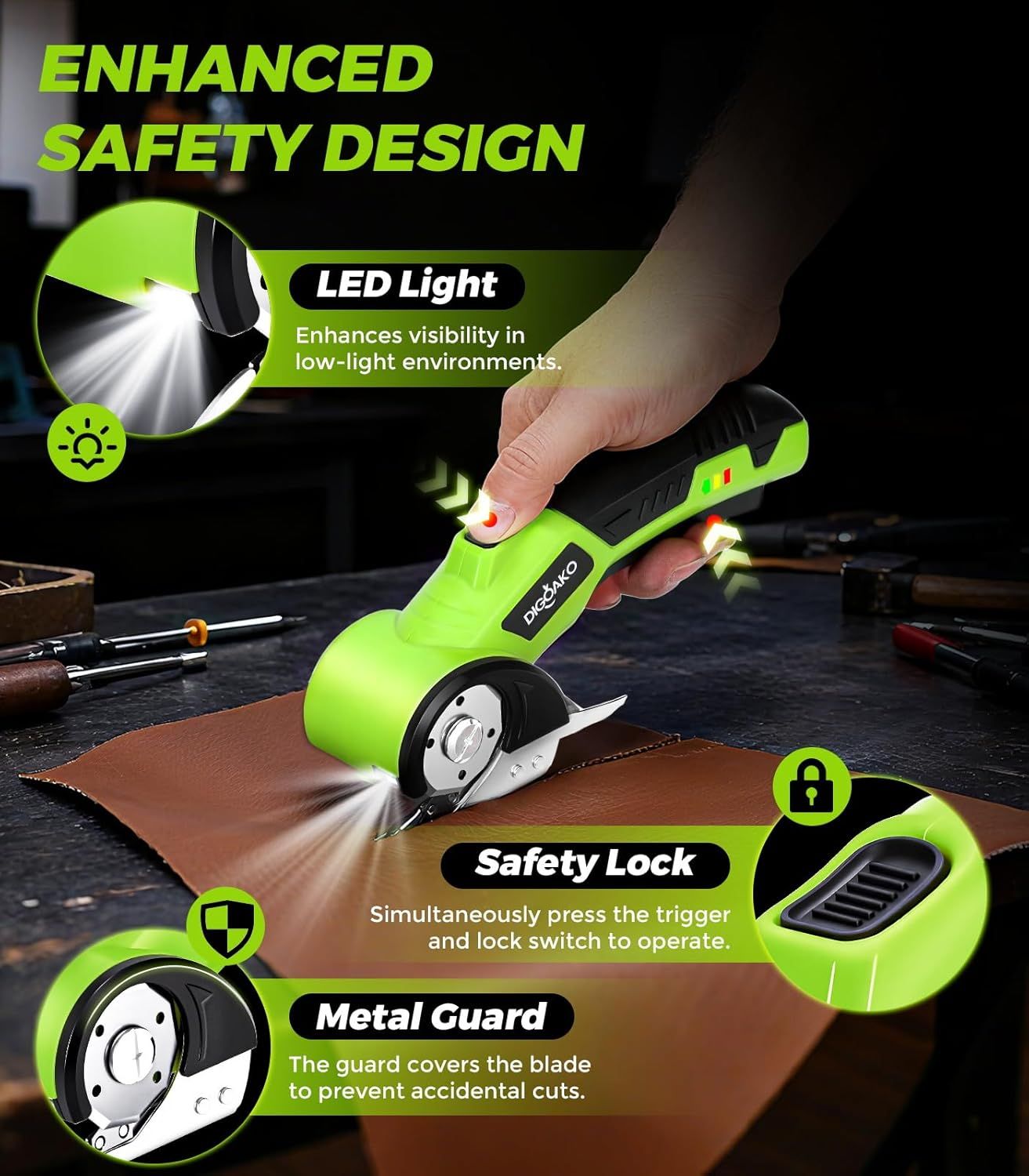 Highlights the product's three key safety features—LED light for visibility, safety lock mechanism, and metal blade guard—to reassure shoppers that this rotary cutter is designed with enhanced…