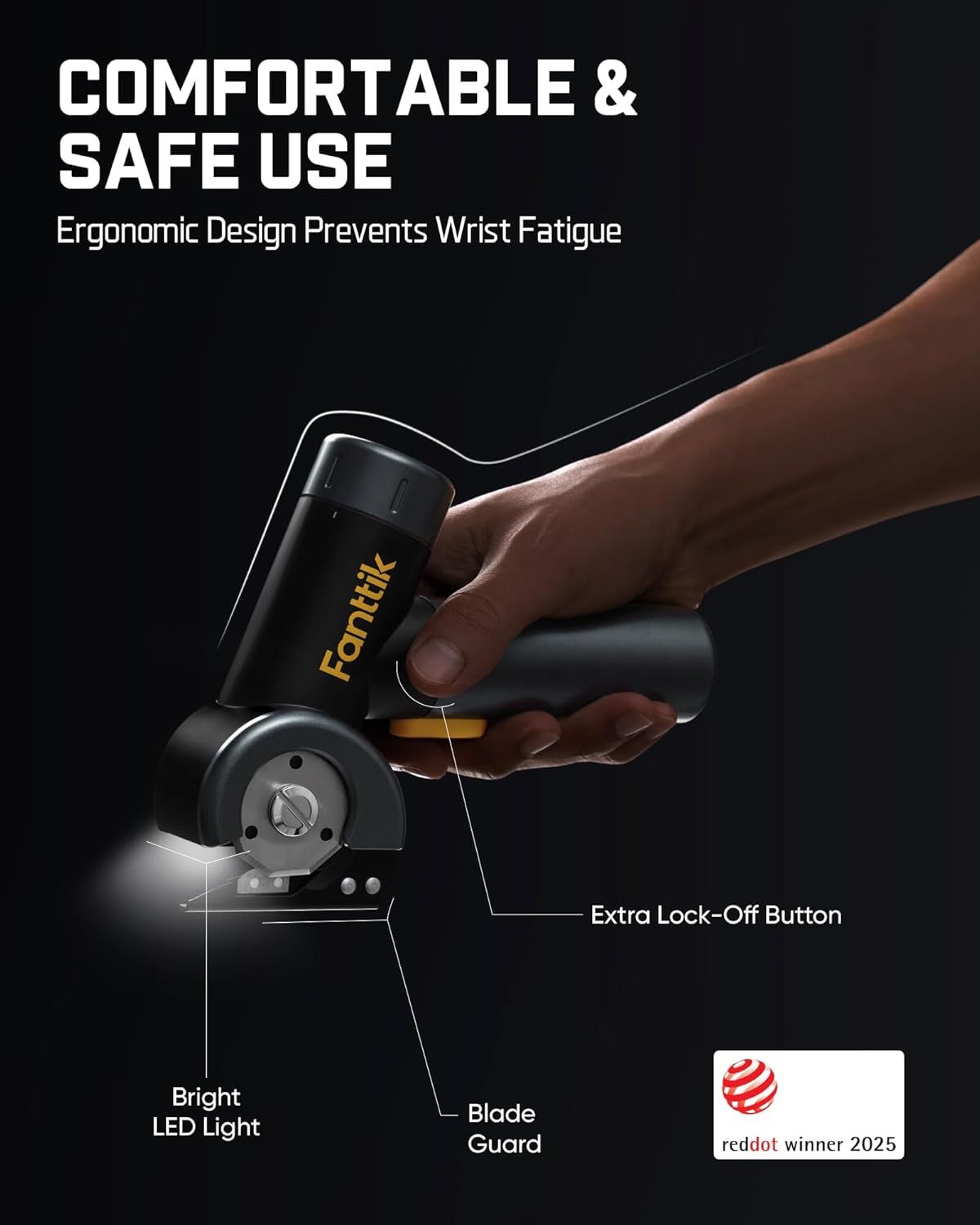 Highlights the physical components and safety features of the rotary cutter to demonstrate its ergonomic design and safe operation, reassuring shoppers about comfort and wrist fatigue prevention.…