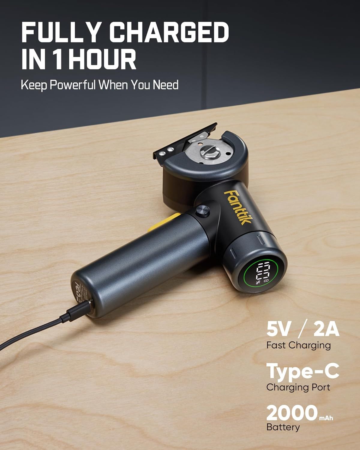 Communicates multiple key technical benefits of the power tool including fast 1-hour charging time, 5V/2A fast charging capability, Type-C charging port, and 2000mAh battery capacity to reassure…